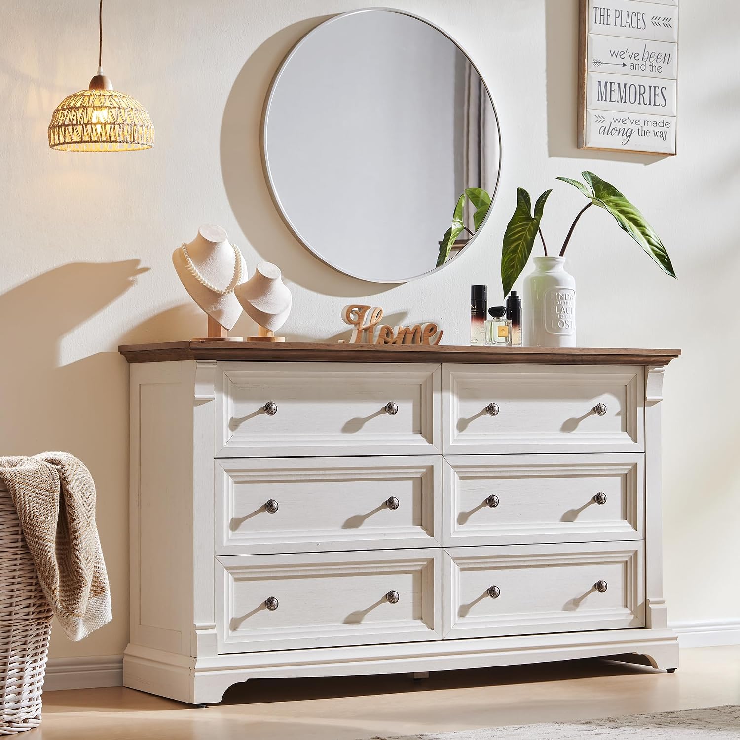 Detalle de T4TREAM RPC6SDRDS-ROWAW Farmhouse 6-Drawer Dresser, 54-Inch Antique White