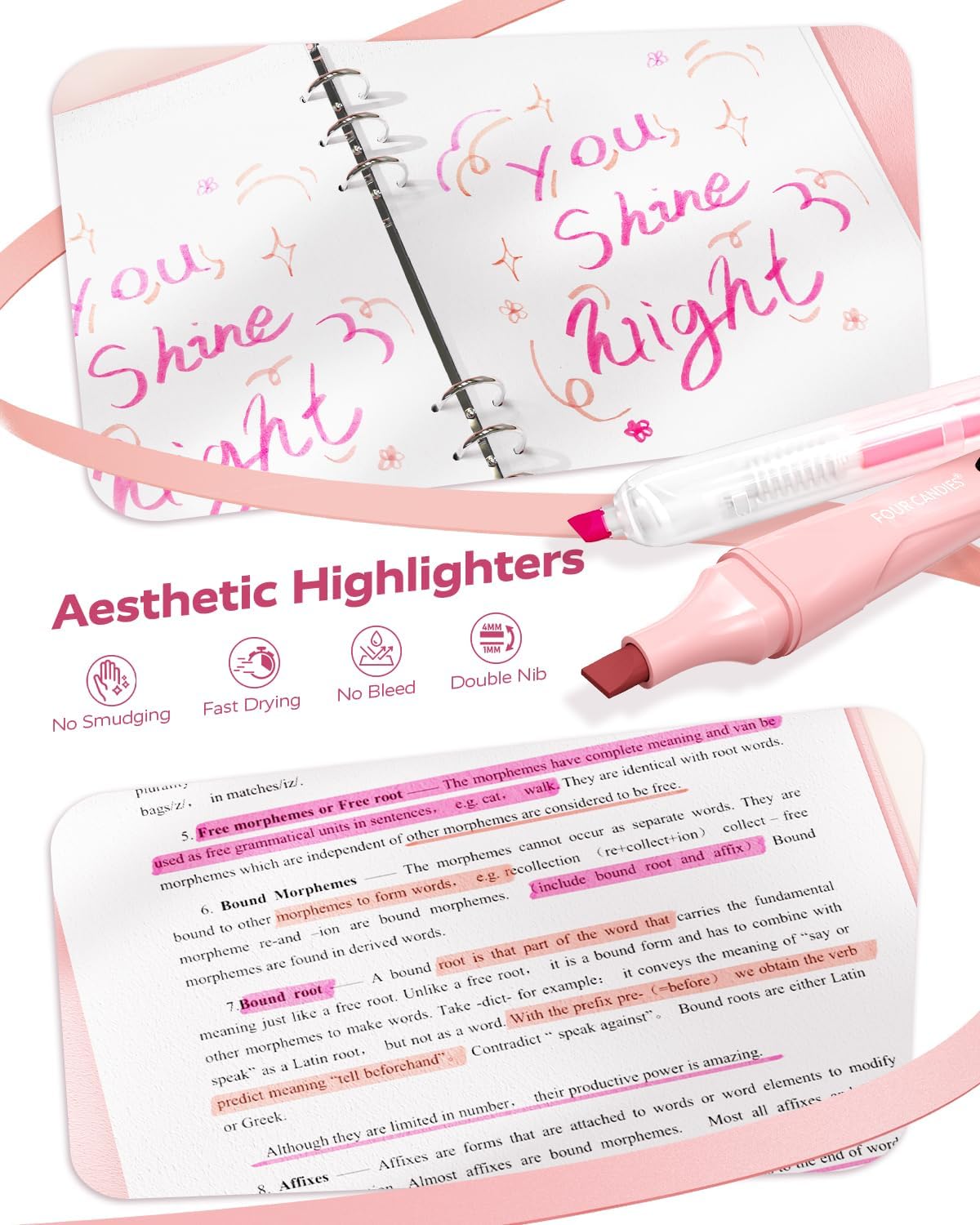 Thumbnail 4 de Four Candies Ästhetisches Schulmaterial – All-in-One Set mit Gelstiften, Korrekturbändern, Textmarkern, Druckbleistiften & Haftnotizen (inkl. Etui) in Rosa