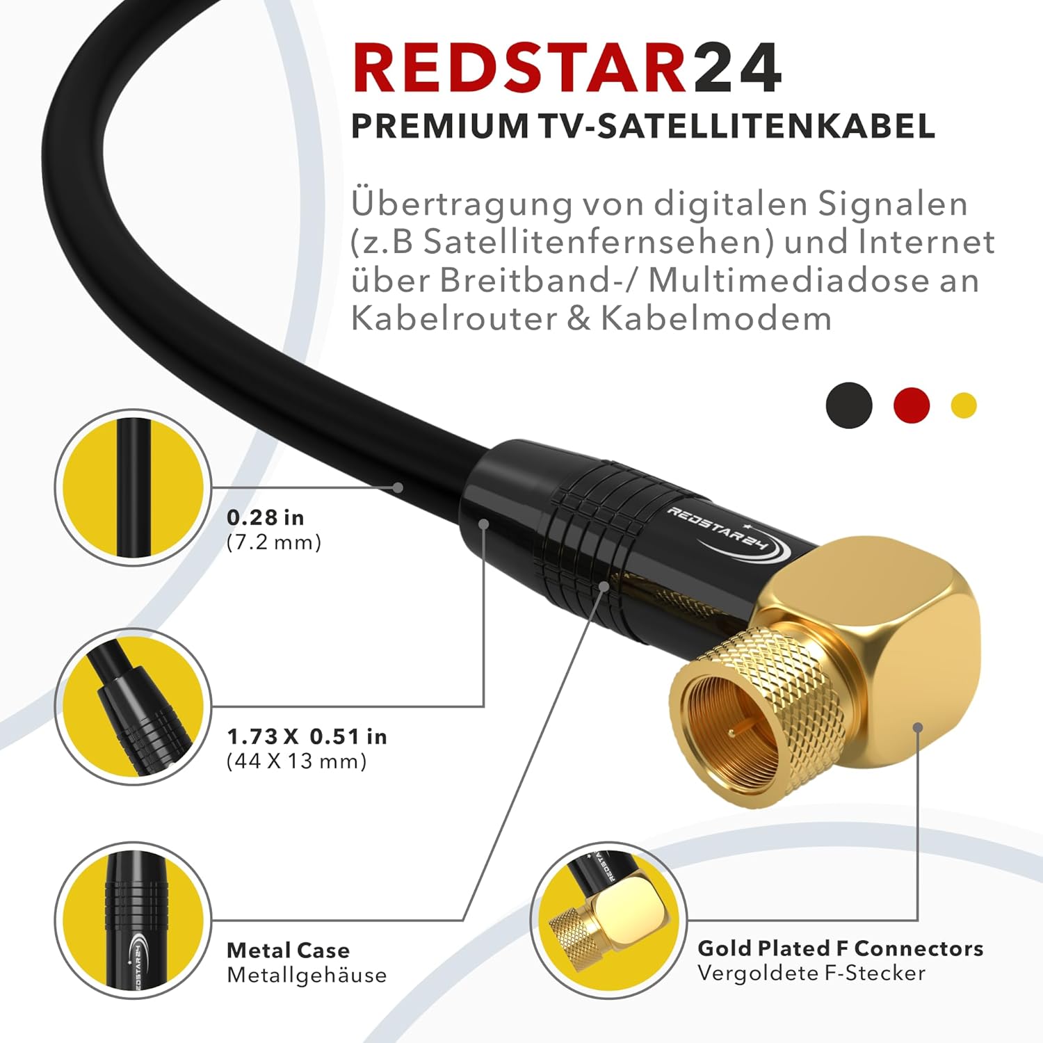 Detalle de RedStar24 4m SAT Antennenkabel – 135dB Abschirmung, F-Stecker & 90° Winkelstecker, Koaxialkabel 75 Ω