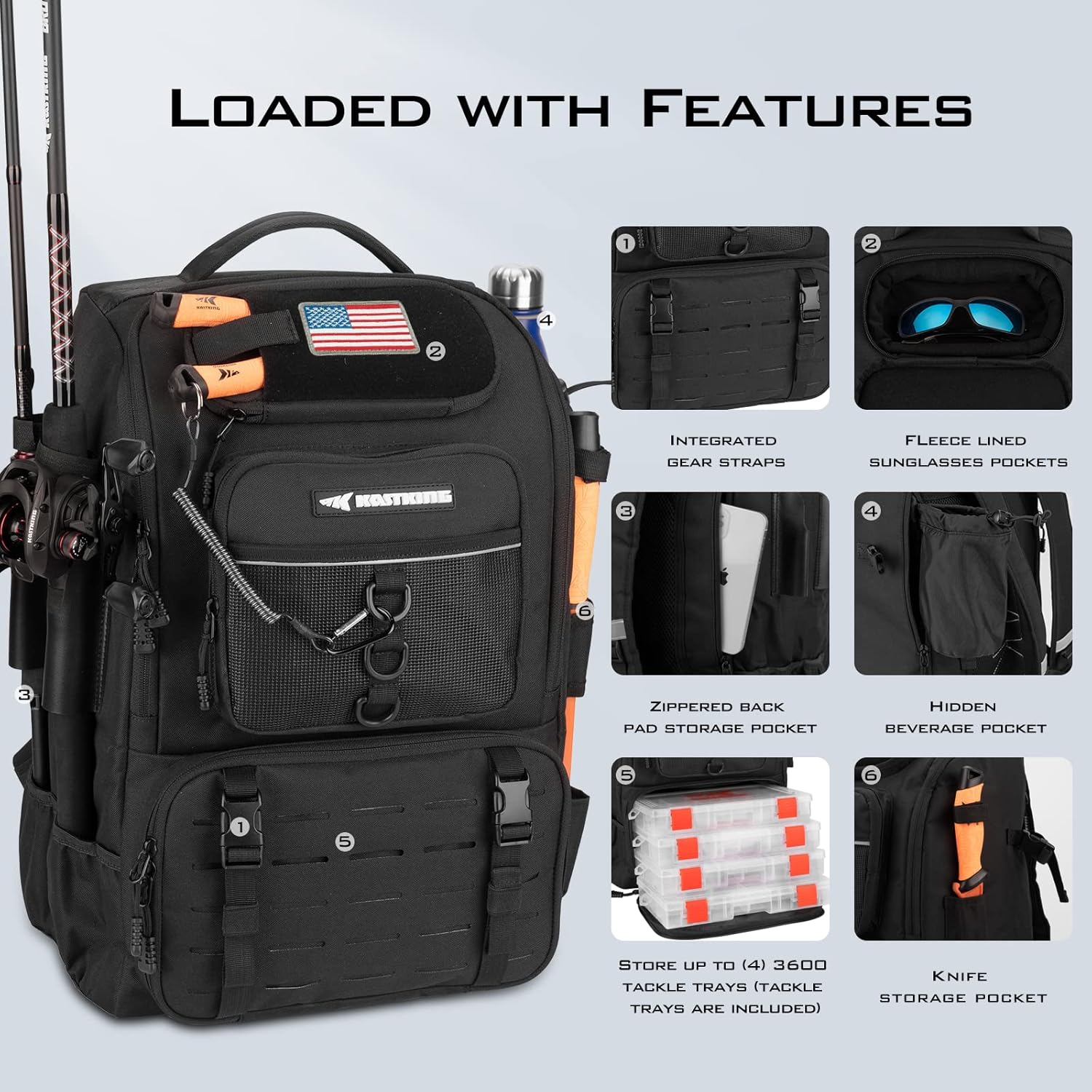Thumbnail 2 de KastKing KarryAll Fishing Tackle Backpack with Rod Holder and 4 Tackle Boxes
