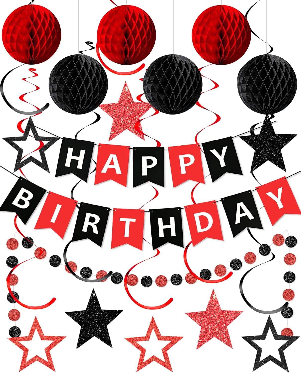 Thumbnail 6 de Blue Happy Birthday Decorations: Banner Set with Honeycomb Balls, Star Swirl Streamers & Dots Garland