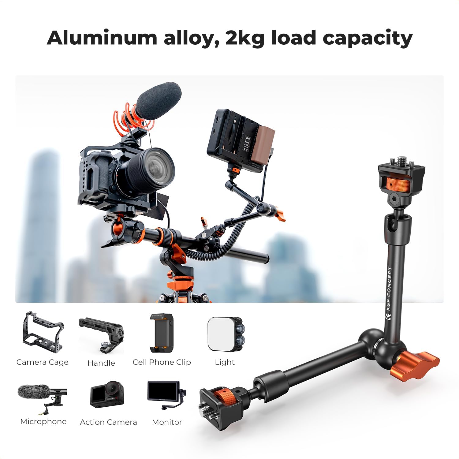 Detalle 2 de K&F CONCEPT 11" Magic Arm Super Clamp Kit with 1/4" & 3/8" mounting for monitors, cameras and action cams