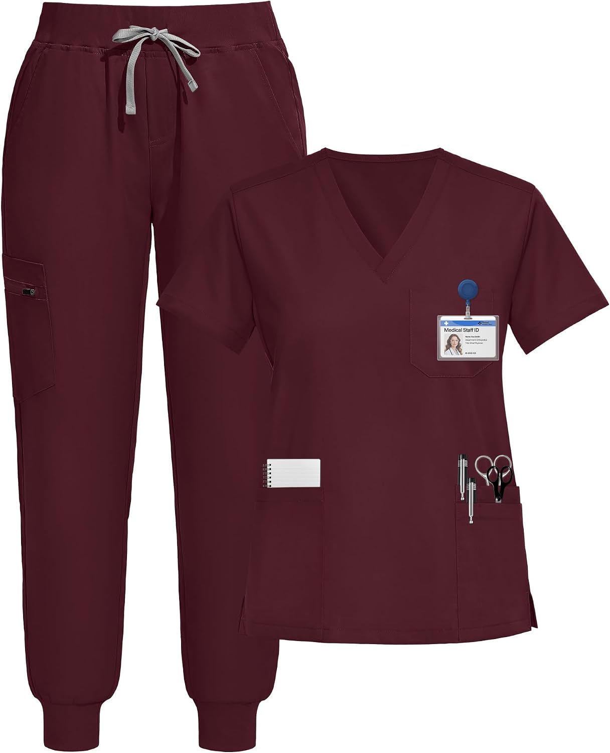 Detalle de Eipnare Women's V-Neck Jogger Scrub Set, 9 Pockets, Stretch Fabric