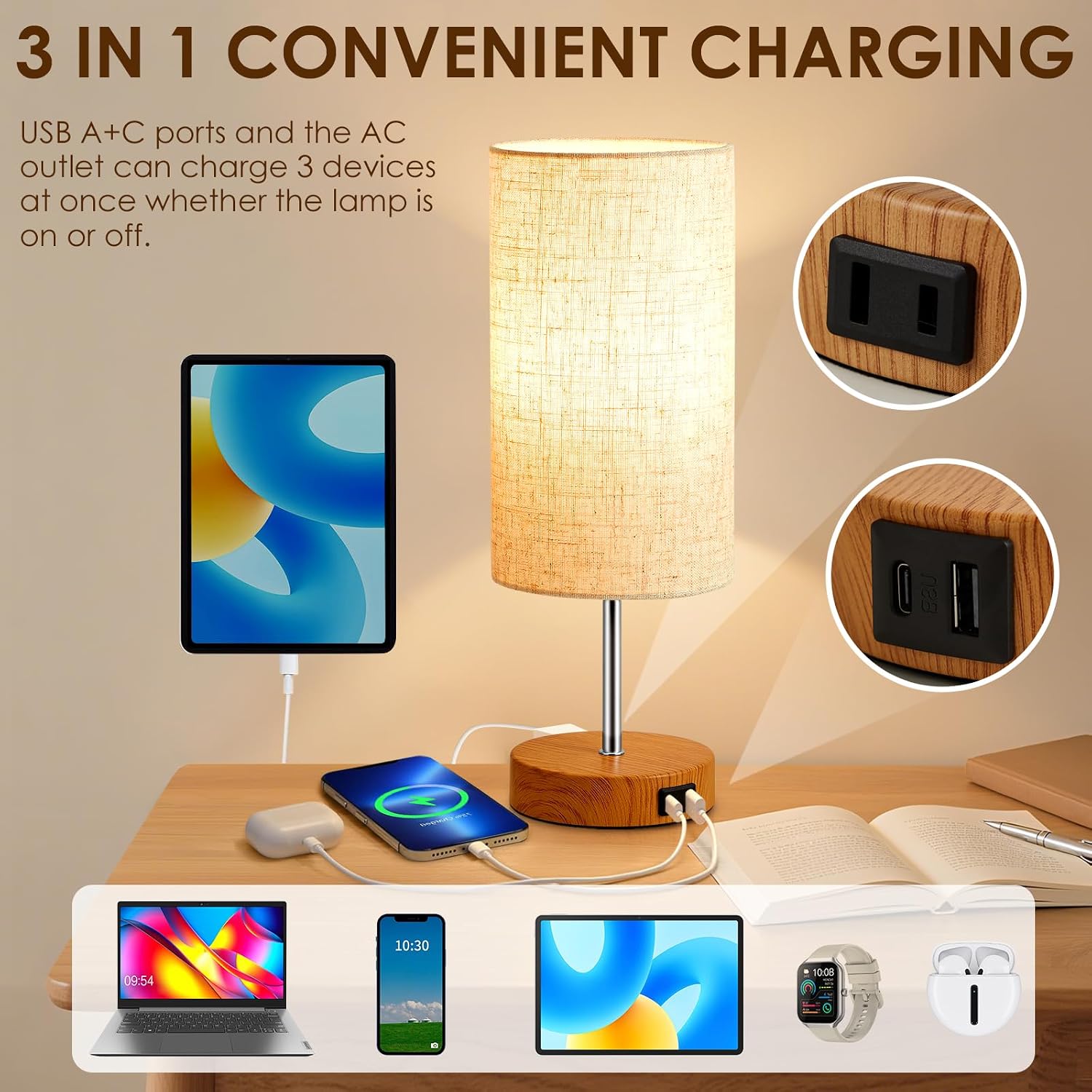 Detalle de SANGFOR XLGZ-T1-003 Touch Table Lamps Set of 2, USB Charging, 3-Way Dimming