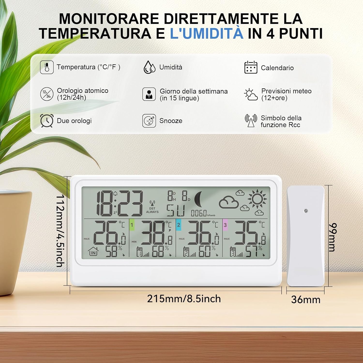 Detalle de Stazione Meteo con 3 Sensori Esterno e Display LCD 8,5" – monitoraggio interno/esterno, previsioni e fasi lunari