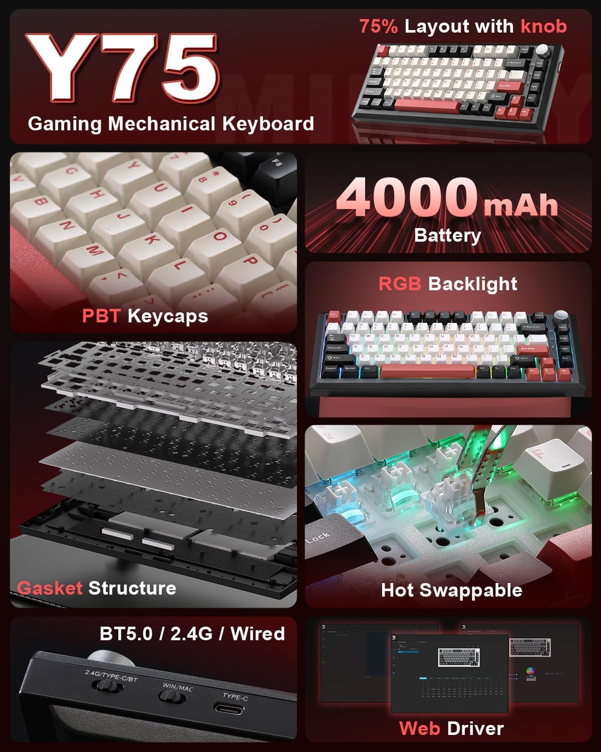 Detalle de MIKIBY Y75 Wireless Mechanical Keyboard: 75%, Hot-Swappable, with Knob, RGB, and Tri-Mode Connectivity