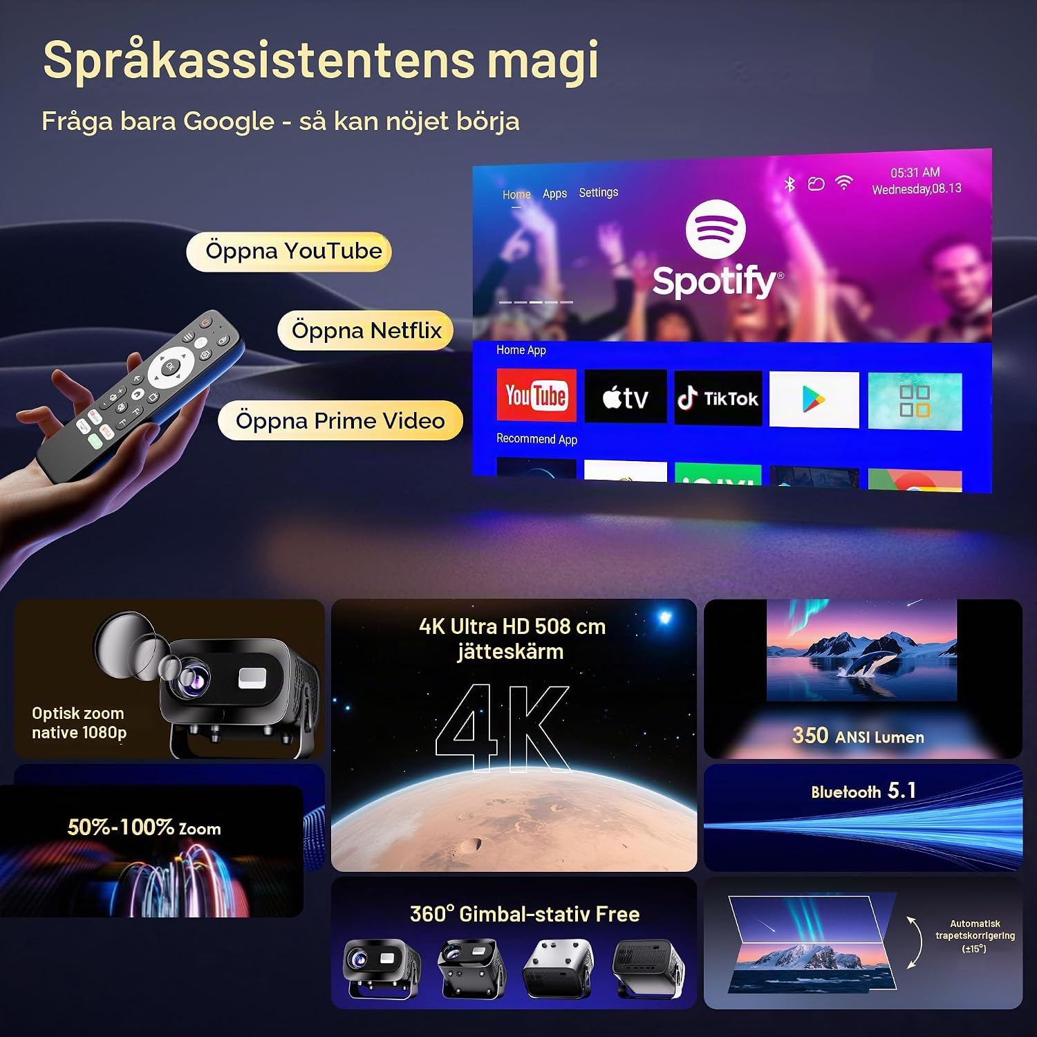 Detalle de ZENTALITY miniprojektor med Full HD 1080p, Android 13 och autofokus