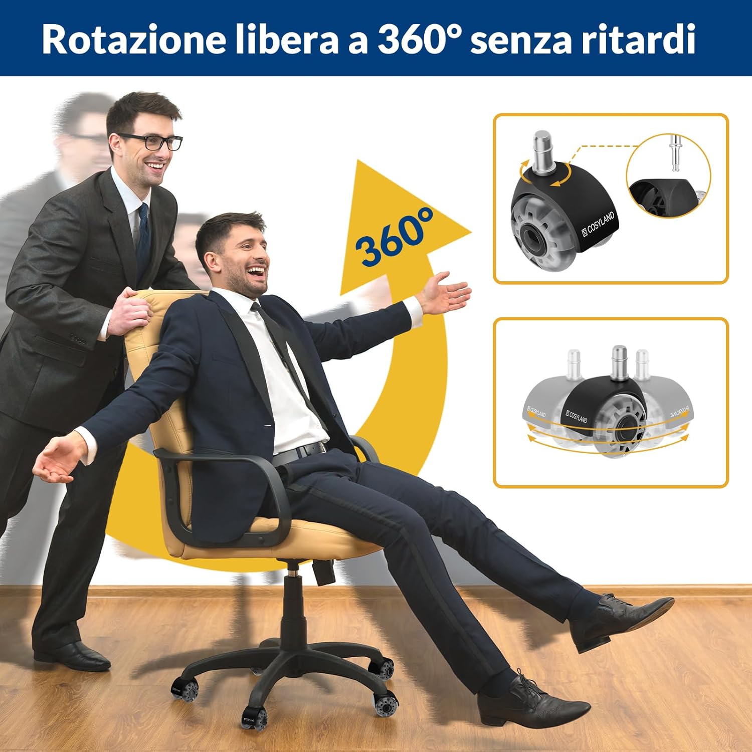 Detalle de COSYLAND Rotelle doppie argento trasparente per sedia ufficio – 10 mm, rotazione 360° e pavimenti delicati