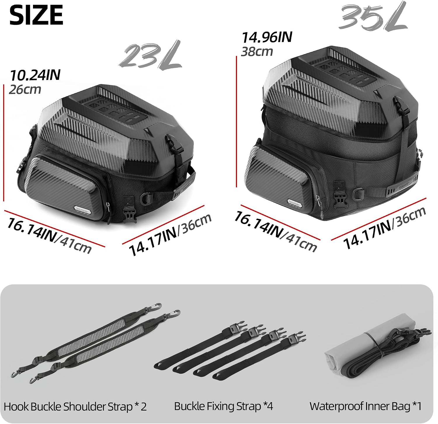 Detalle de Rhinowalk MFT2310-Black-001 Motorcycle Tail Bag, Expandable 23L–35L