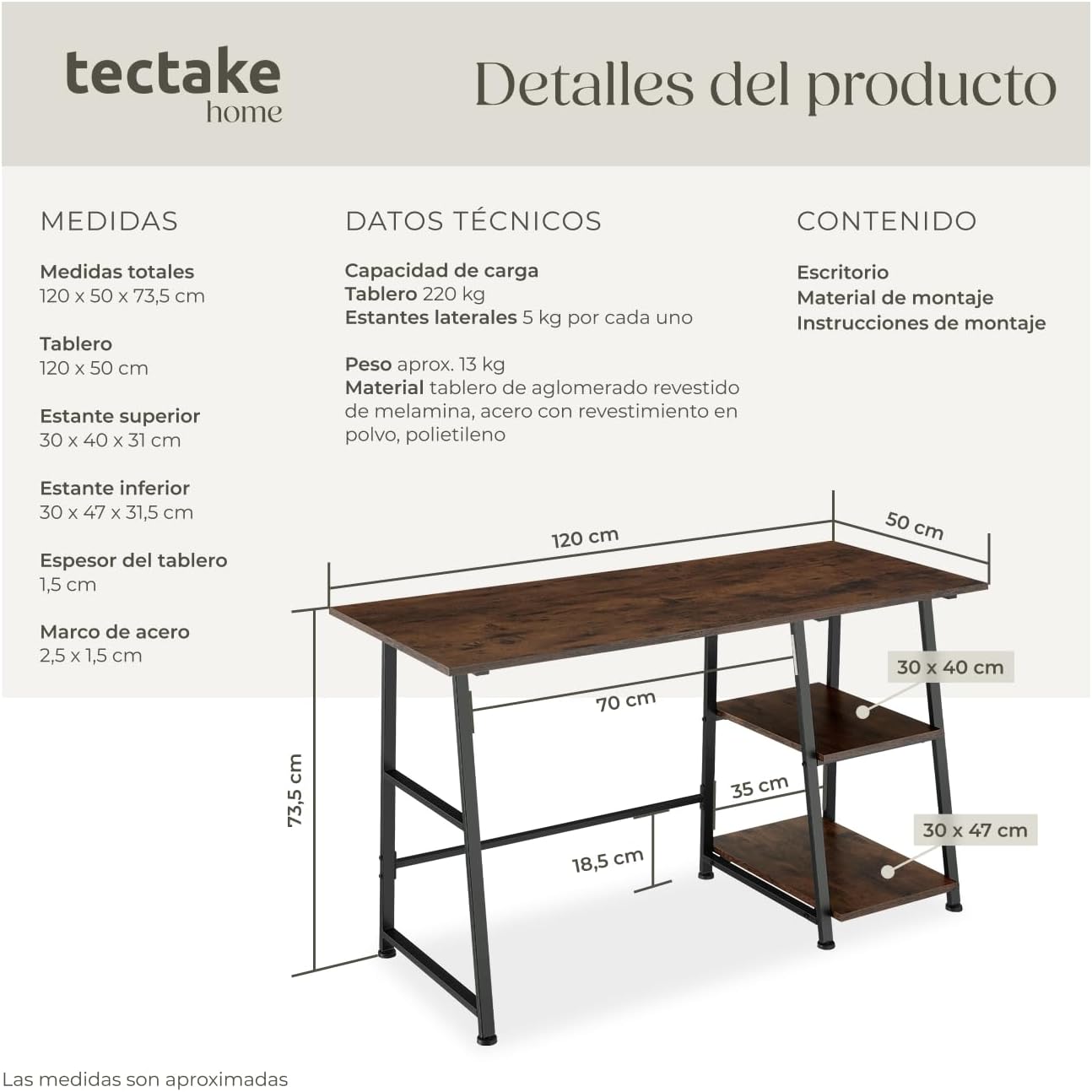 Detalle 2 de tectake Mesa Escritorio 120 x 50 cm