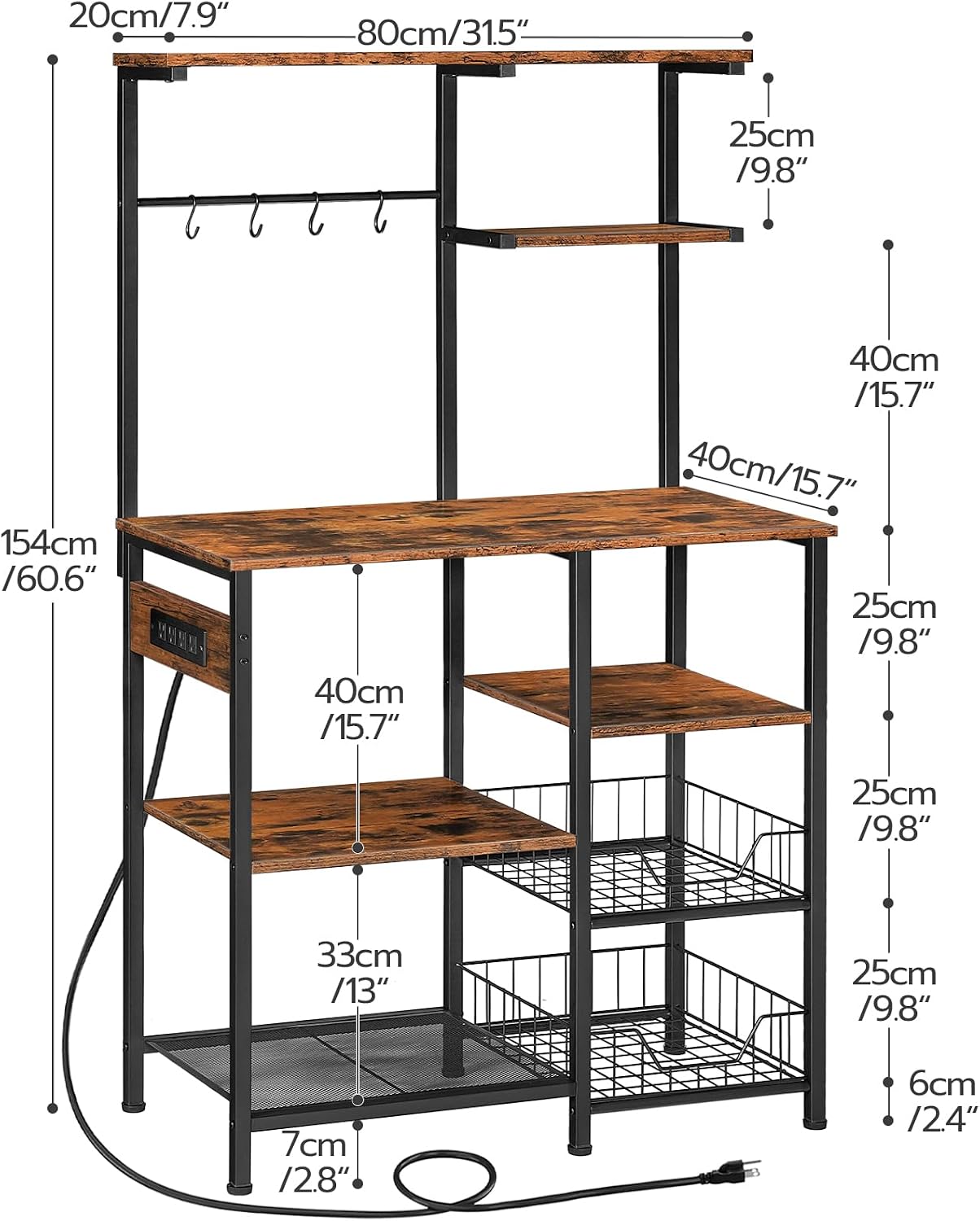 Detalle de HOOBRO BF64UHB01 6-Tier Bakers Rack with Outlets 🍽