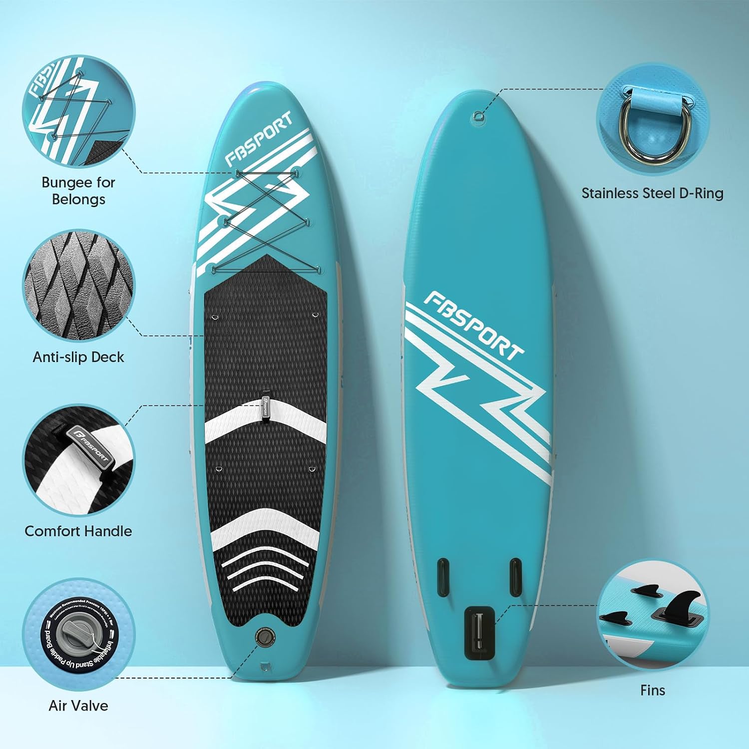 Detalle de FBSPORT Aufblasbares SUP Board – Stand Up Paddling Board mit verstellbarem Aluminium-Paddel, Pumpe und Komplettset