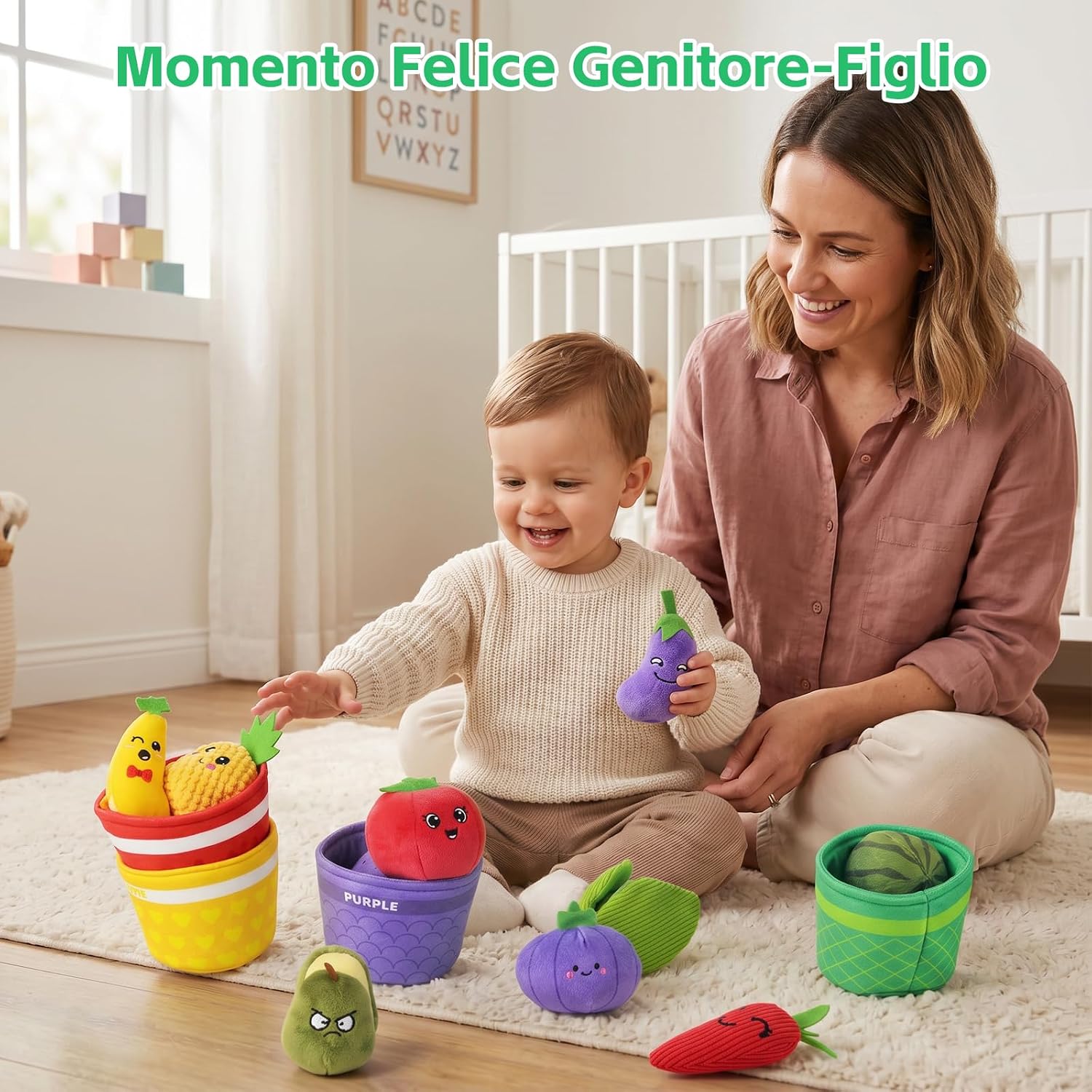 Detalle de Tokiyis Giochi Montessori 6-12 Mesi – 16 PCS Frutta Verdura Peluche con Sonaglio e Cestino