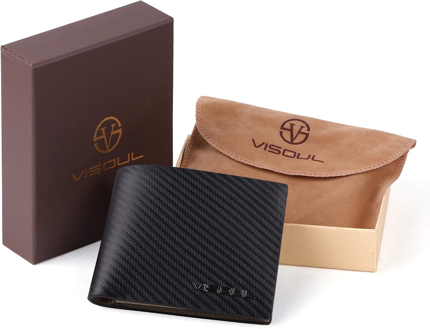 Thumbnail 6 de VISOUL Portafoglio uomo in vera pelle con protezione RFID e portamonete slim, modello Bifold (Carbonio Nero+Grigio)