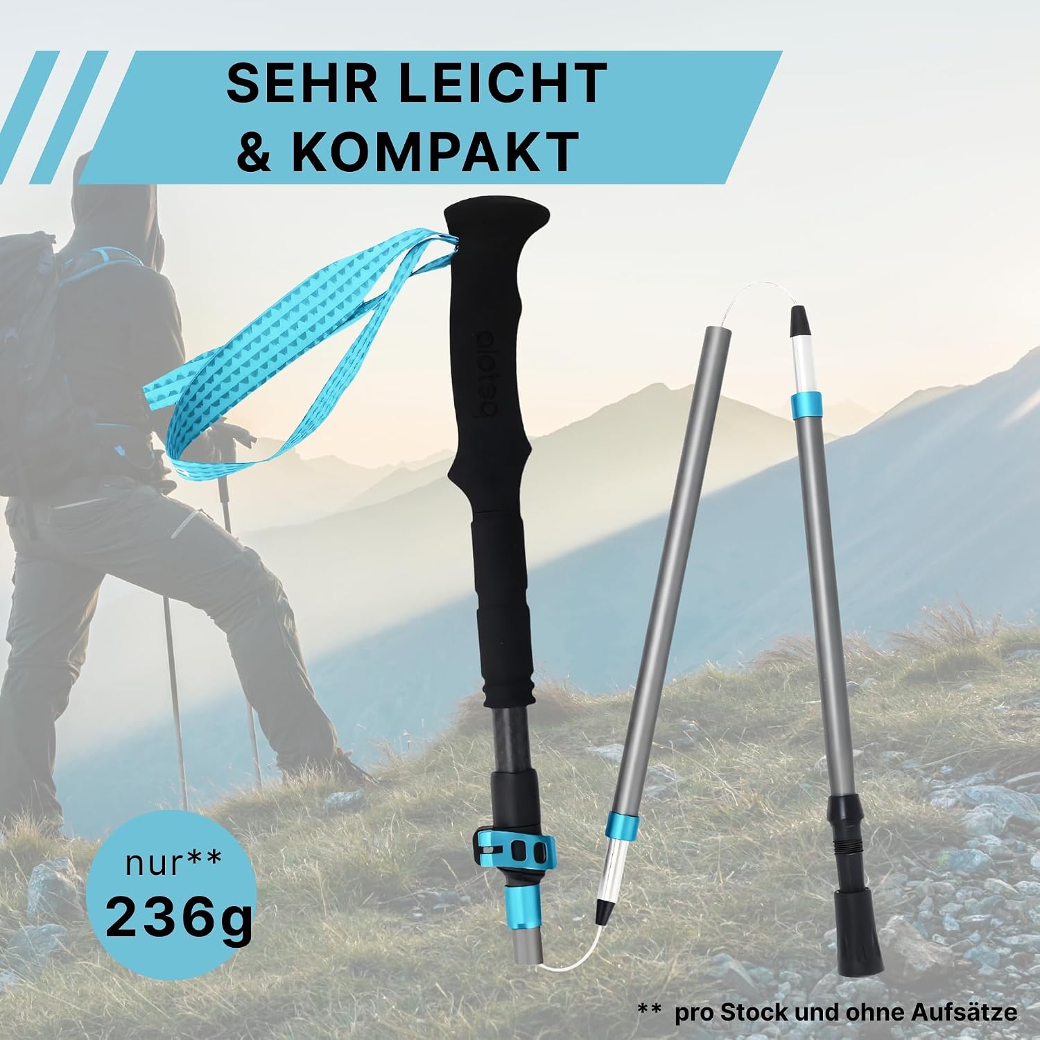 Detalle de Alpteq Wanderstöcke faltbar: Carbon oder Aluminium mit Korkgriff – ultraleicht, kompakt und vielseitig einsetzbar