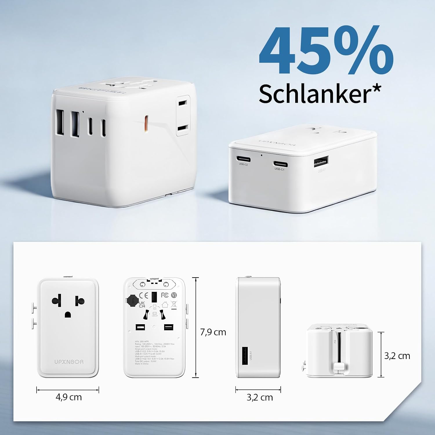 Thumbnail 2 de UPXNBOR Ultra-flacher Reiseadapter 2026 mit 1× USB-A und 2× USB-C (weltweit)