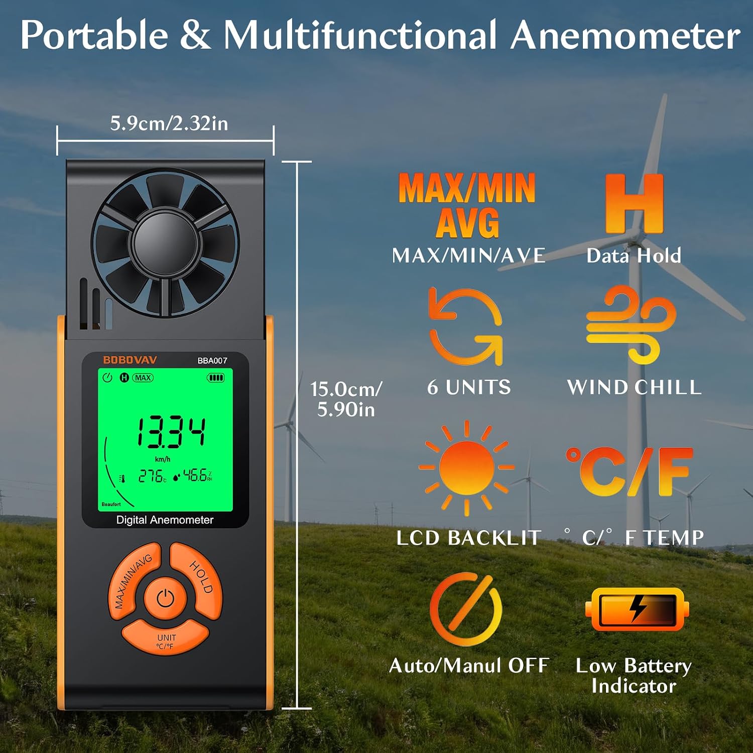 Detalle de BOBOVAV handheld anemometer, 6 wind speed units