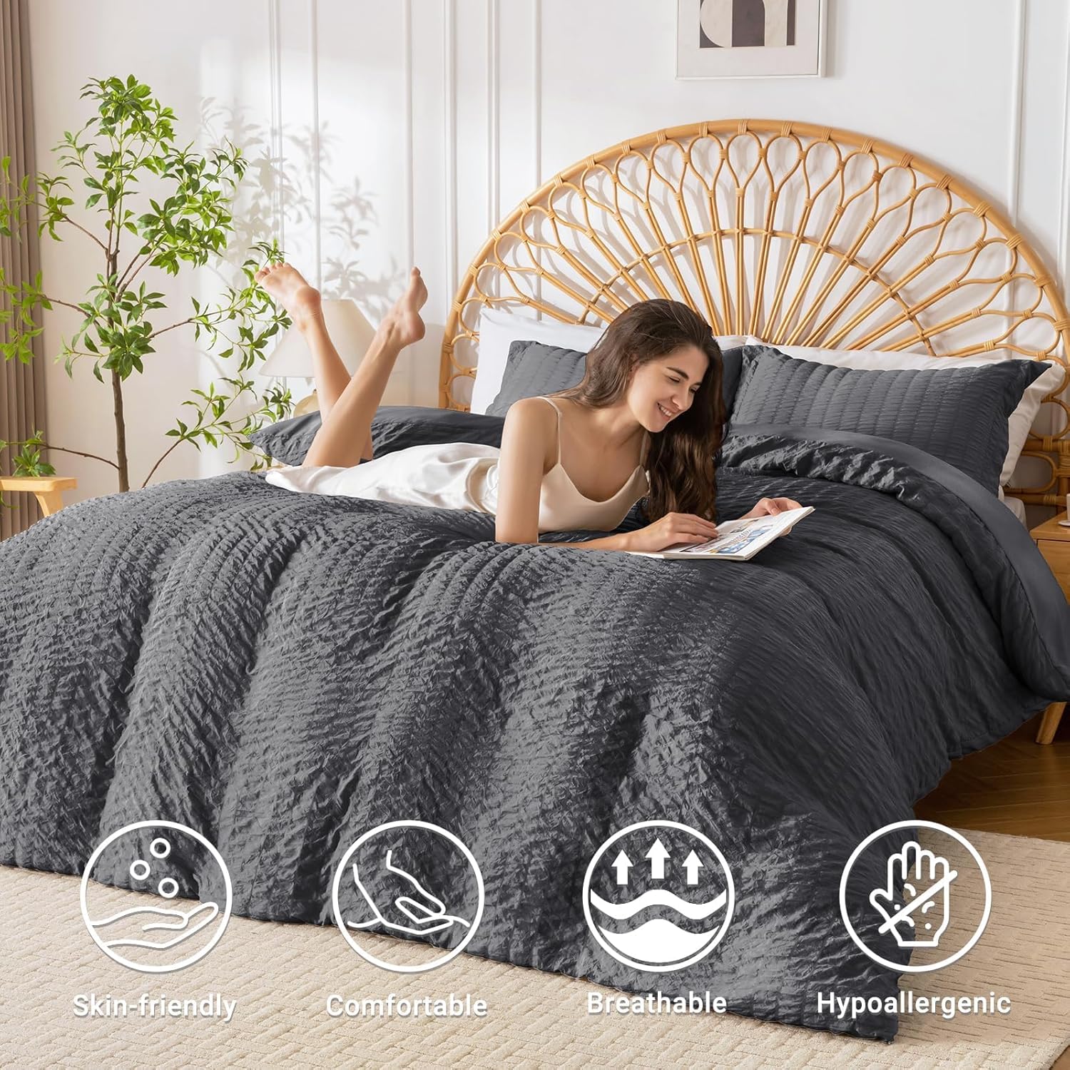 Thumbnail 1 de HYMOKEGE Dark Grey Queen Duvet Cover Set (3-Piece) — Brushed Microfiber Seersucker with Zipper Closure
