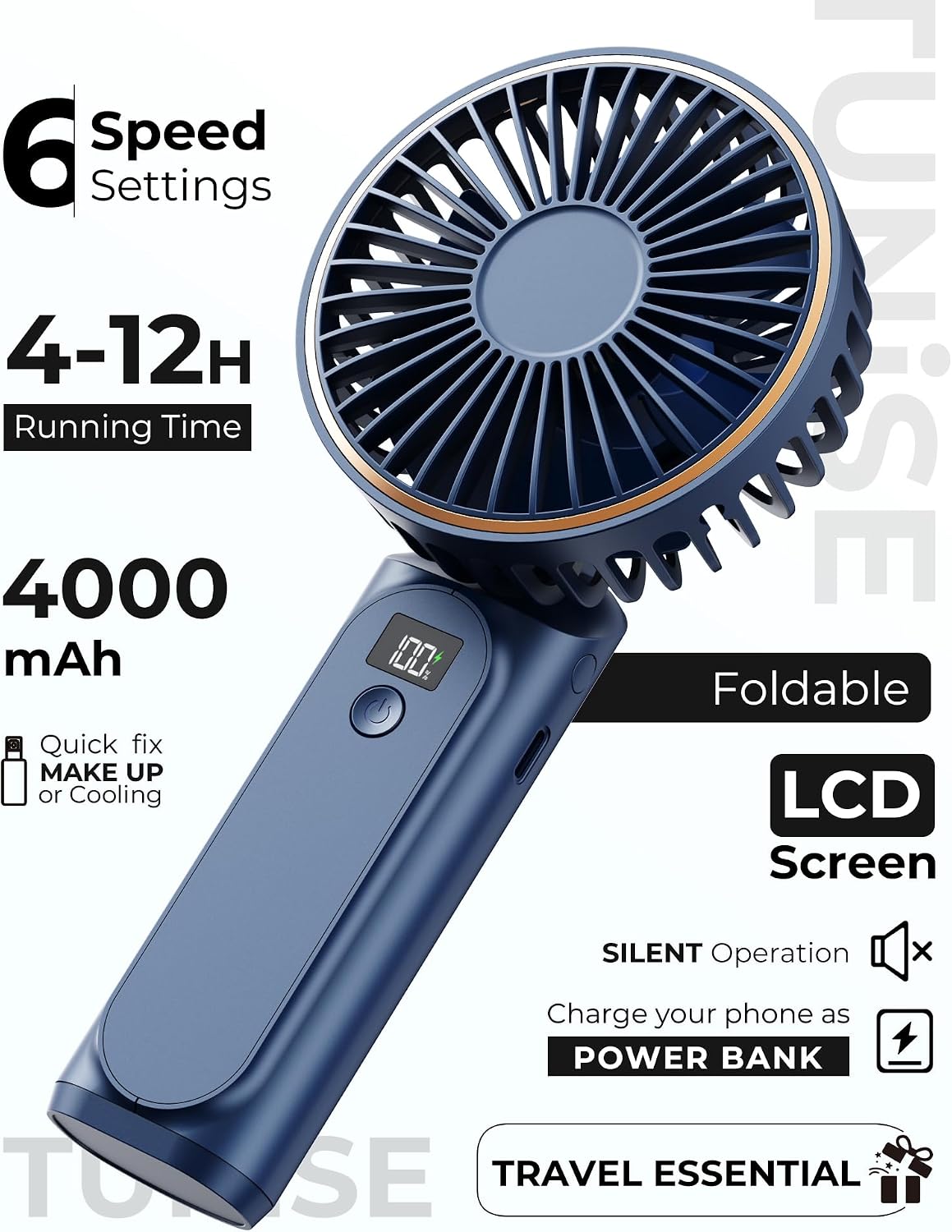 Detalle de TUNISE Handventilator: Kleiner, leiser Begleiter mit 4000 mAh, 6 Stufen und 180° Verstellung