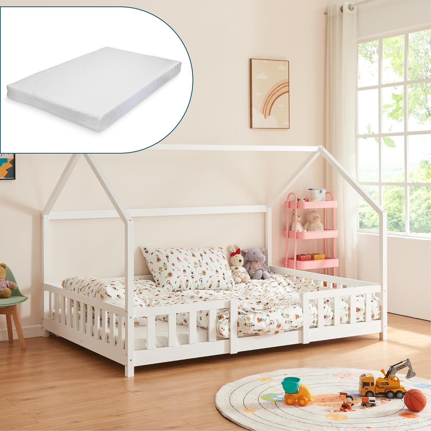 Detalle de Letto a Casetta per Cameretta con Materasso 140x200 cm in Legno di Pino bianco
