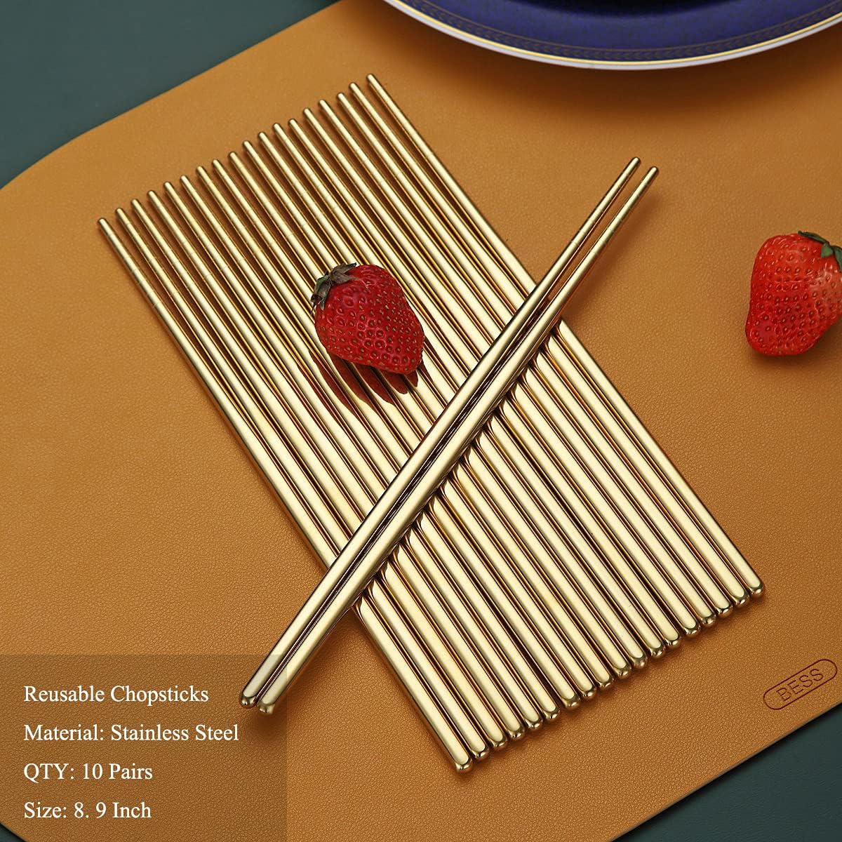 Detalle 2 de HOMQUEN chopsticks-G eetstokjes, 10 paar goudkleurig roestvrij staal