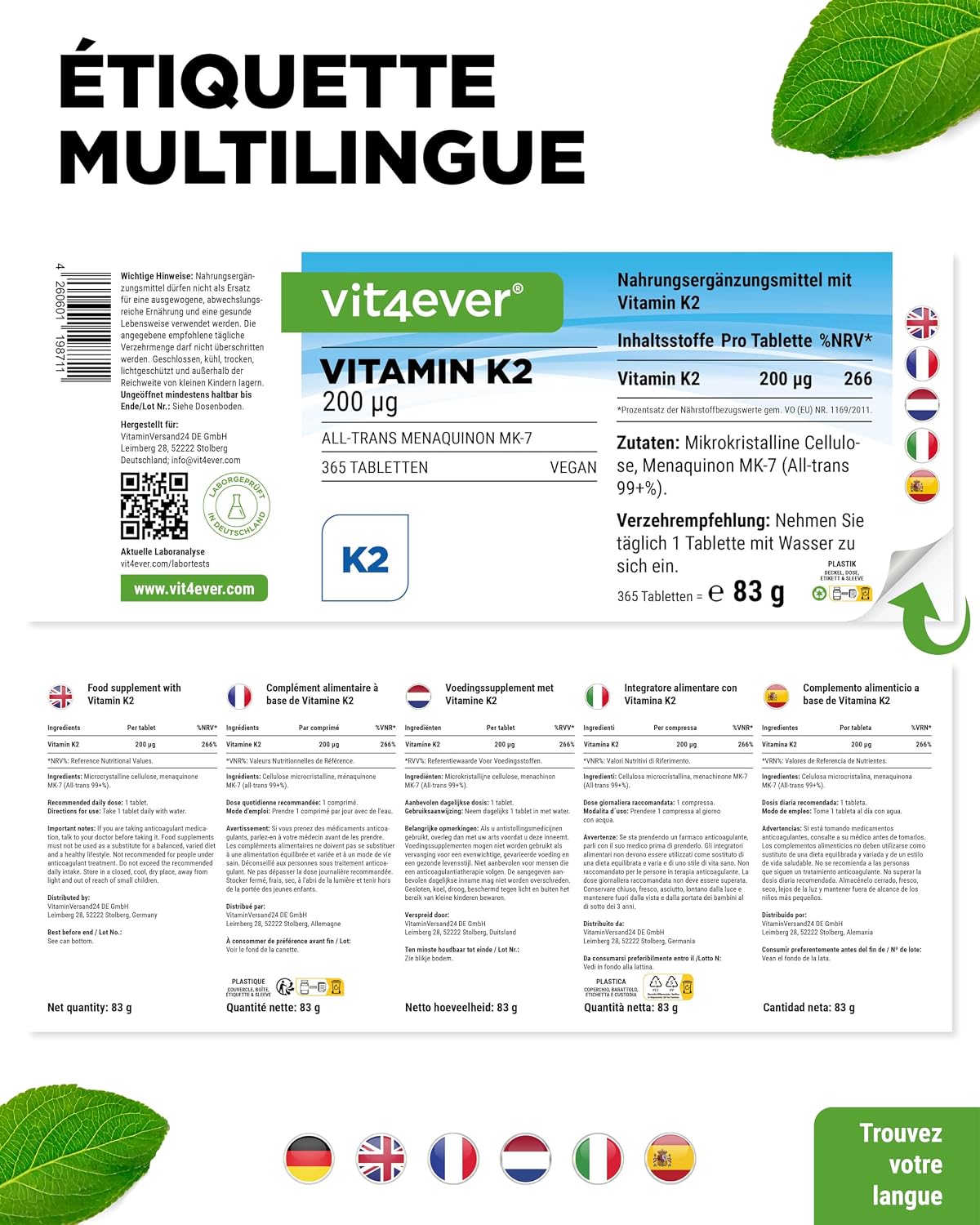 Thumbnail 5 de Vit4ever Vitamine K2 MK7-365 – 200 µg de vitamine K2 (MK-7) par comprimé, 365 comprimés, végane