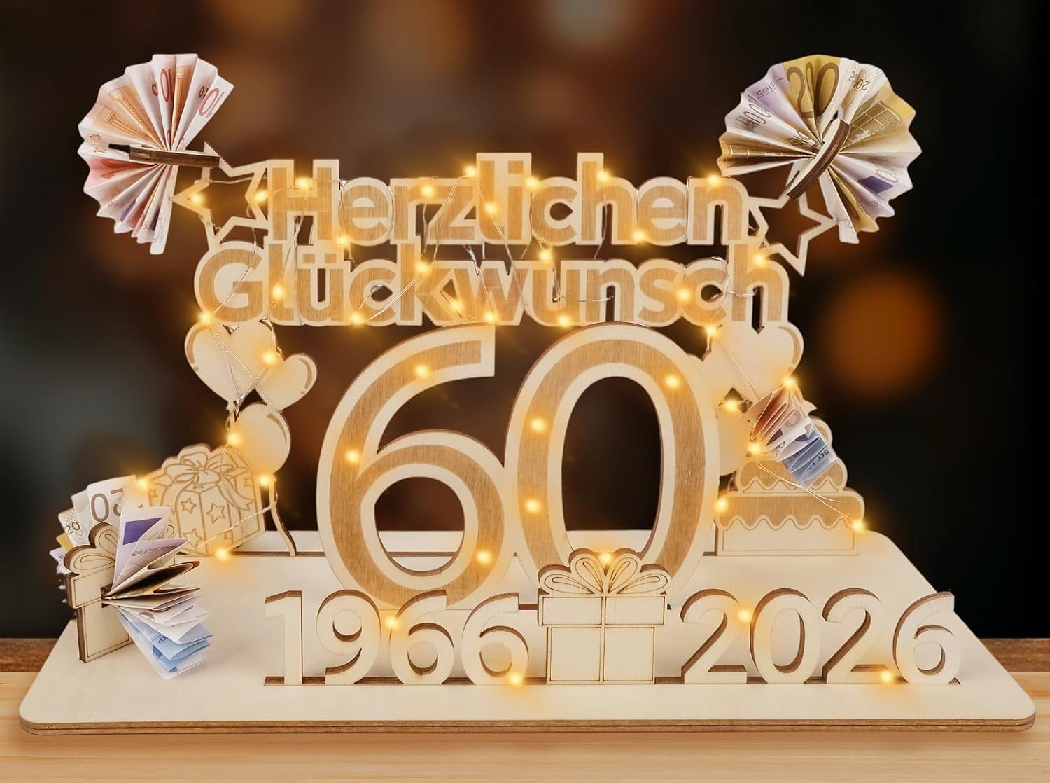 ARTREE 60 Geldgeschenke zum 60. Geburtstag und Diamantene Hochzeit – personalisiertes Holzschild mit LED-Lichterkette und Gästebuch