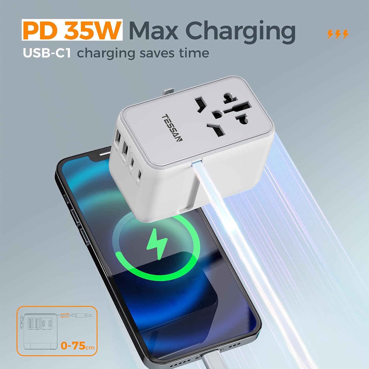Detalle de TESSAN Universal Travel Adapter with Built-in 35W USB-C Cable (UK) for EU/US/AU