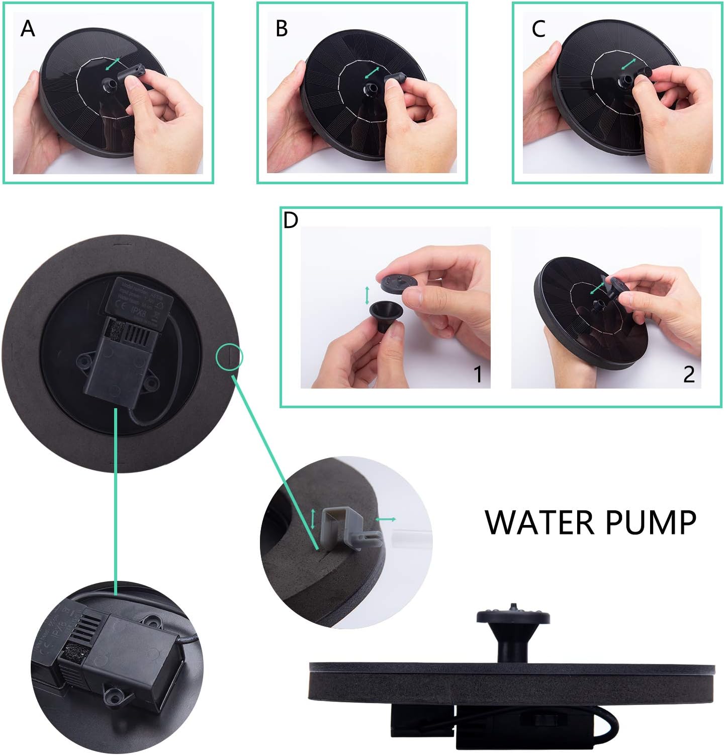 Detalle 1 de LAWOHO Solar Fountain Pump 1.5W Submersible Kit with Panel and 4 Nozzles for Bird Baths and Small Ponds