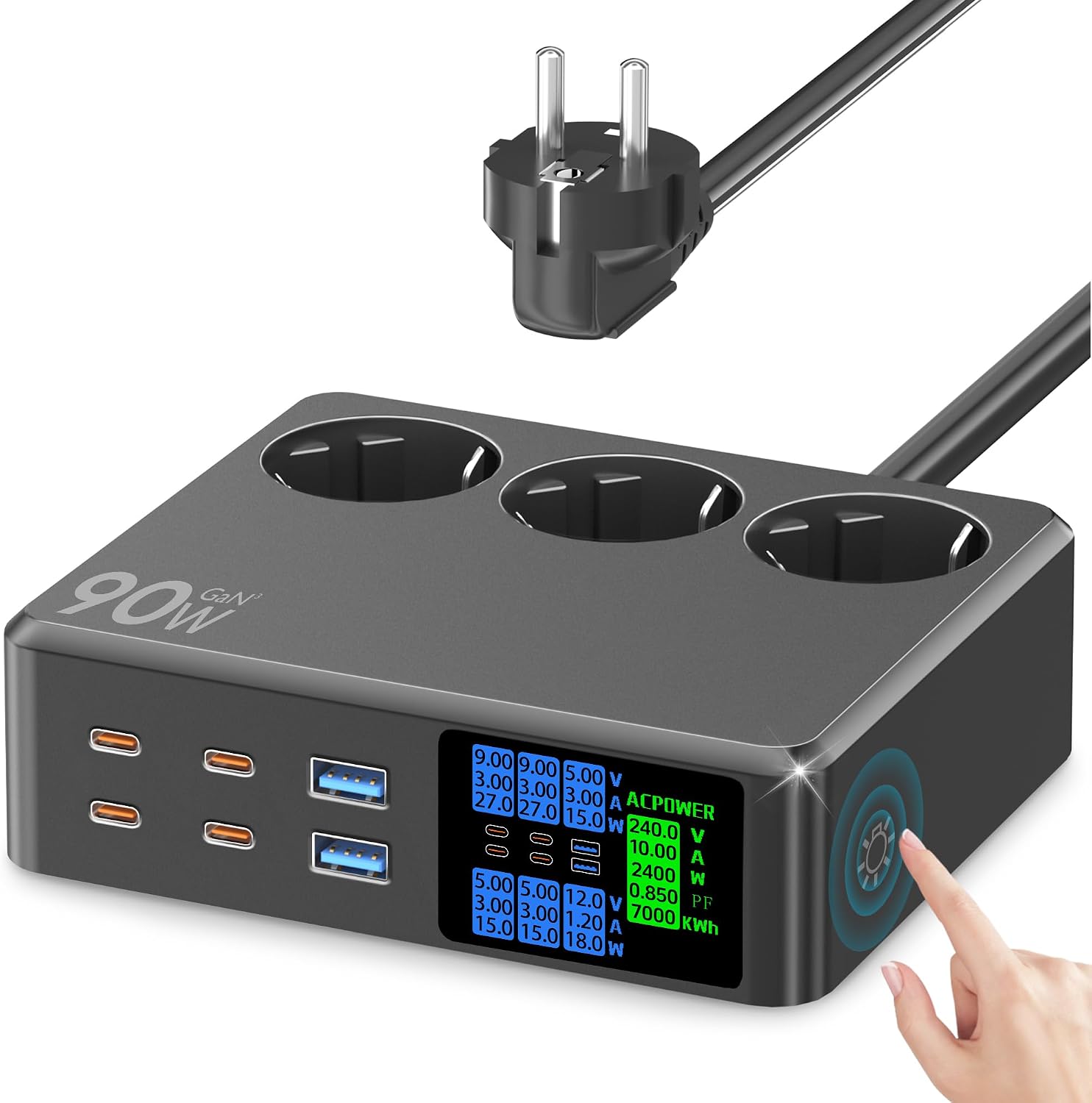 Detalle de CKCN Multiprise avec 6 ports USB-C/USB (90W) et écran LED 1,2 m