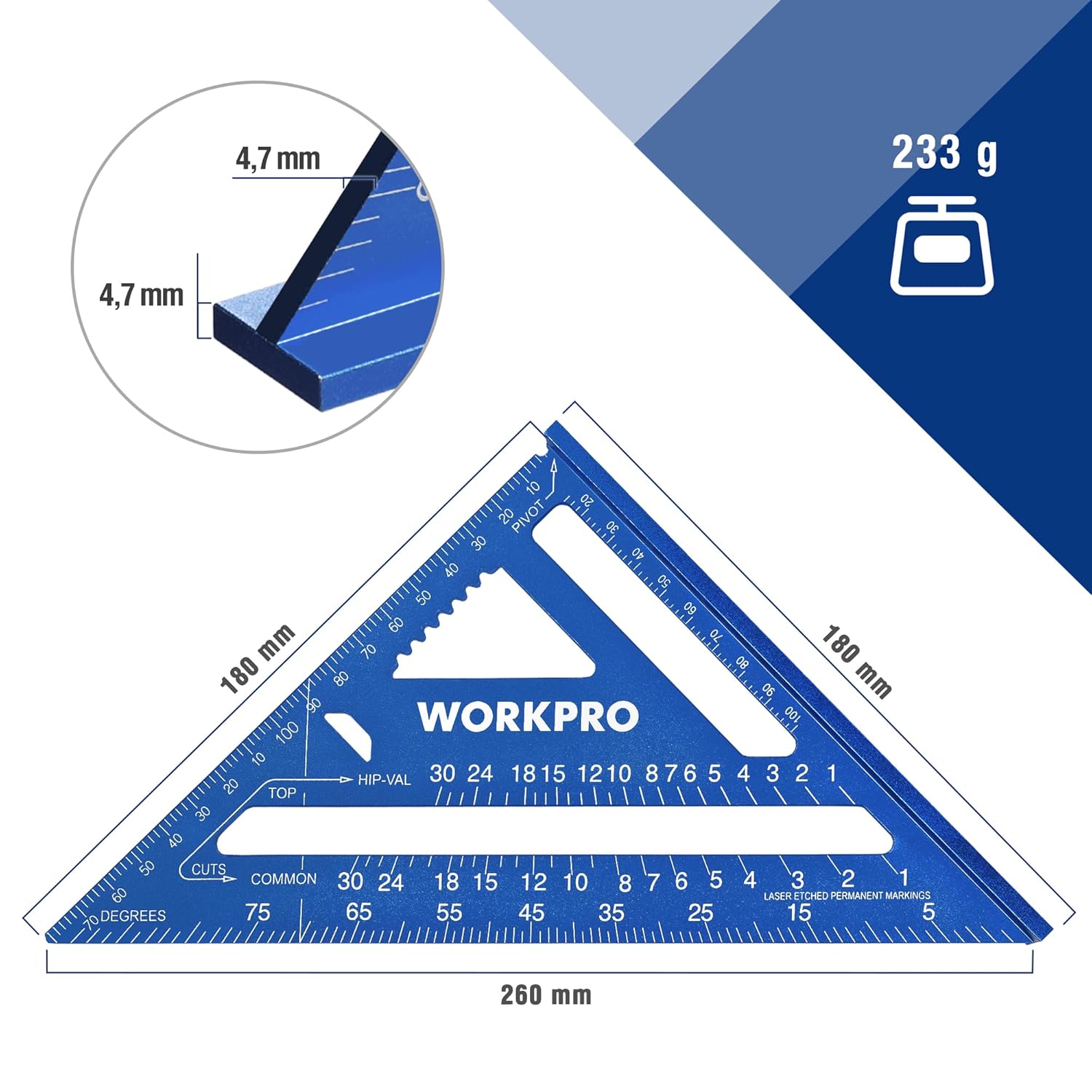 Detalle 2 de WORKPRO Squadra da falegname multifunzione 180 mm – Righello triangolare in alluminio, 45°-90°, blu