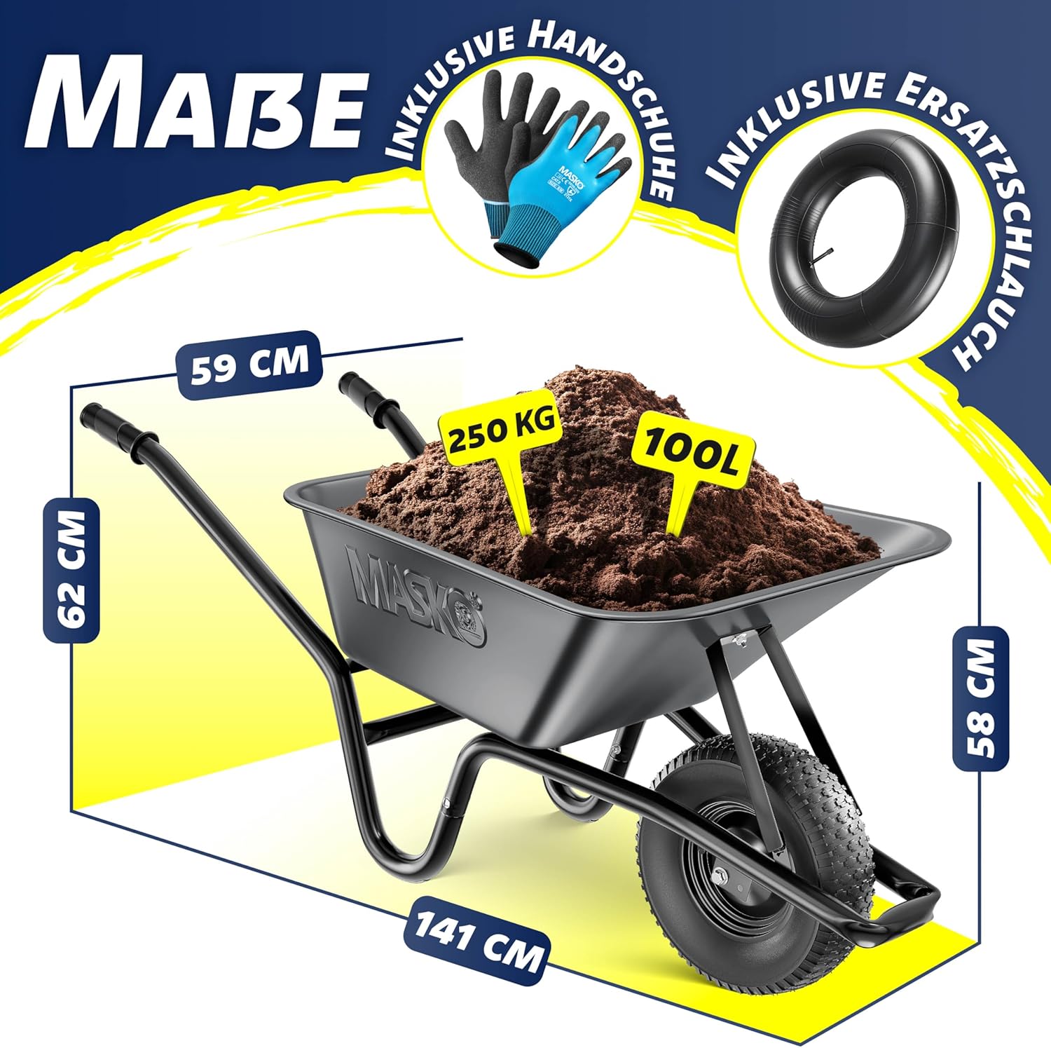 Thumbnail 1 de MASKO Schubkarre 100 Liter (bis 250 kg) mit Luftreifen und verzinktem Stahlrahmen inkl. Ersatzschlauch