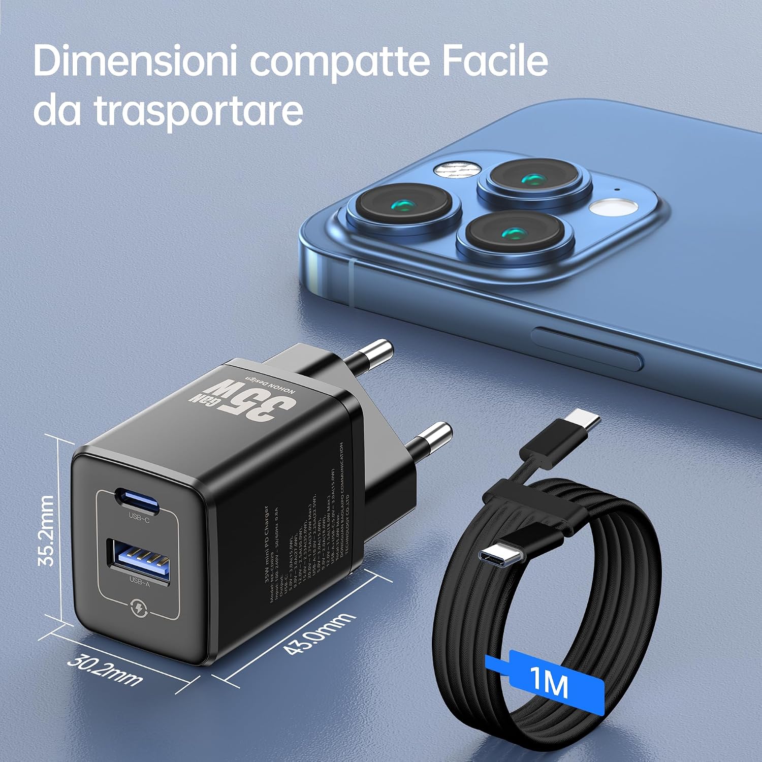 Thumbnail 6 de NOHON Caricatore USB-C 35W GaN con doppia porta (USB-C + USB-A) e cavo 1 m, PD 3.0