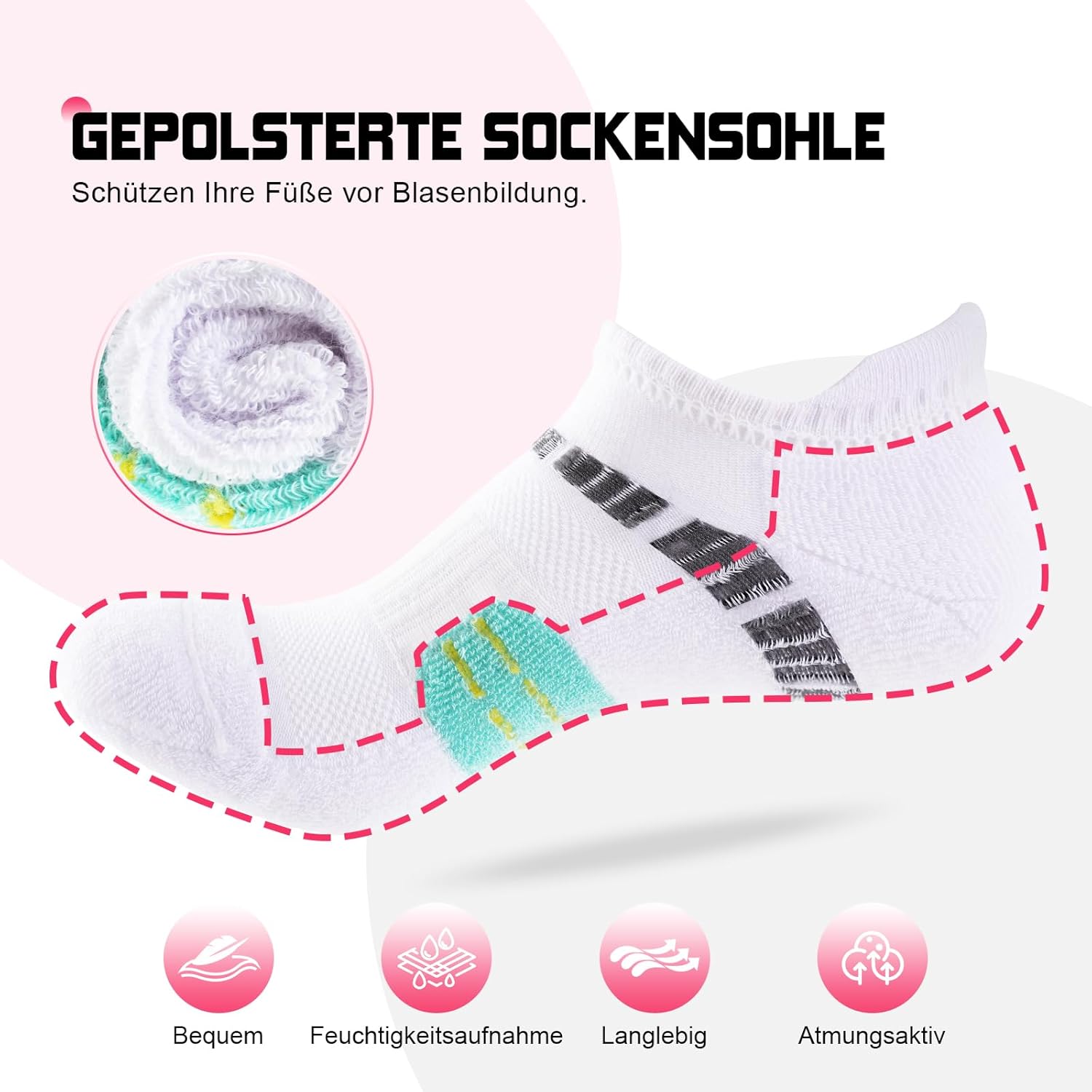 Detalle 2 de EconioSocken Sneaker Socken Damen 35-42 – atmungsaktiv, blasenarm & polsternd