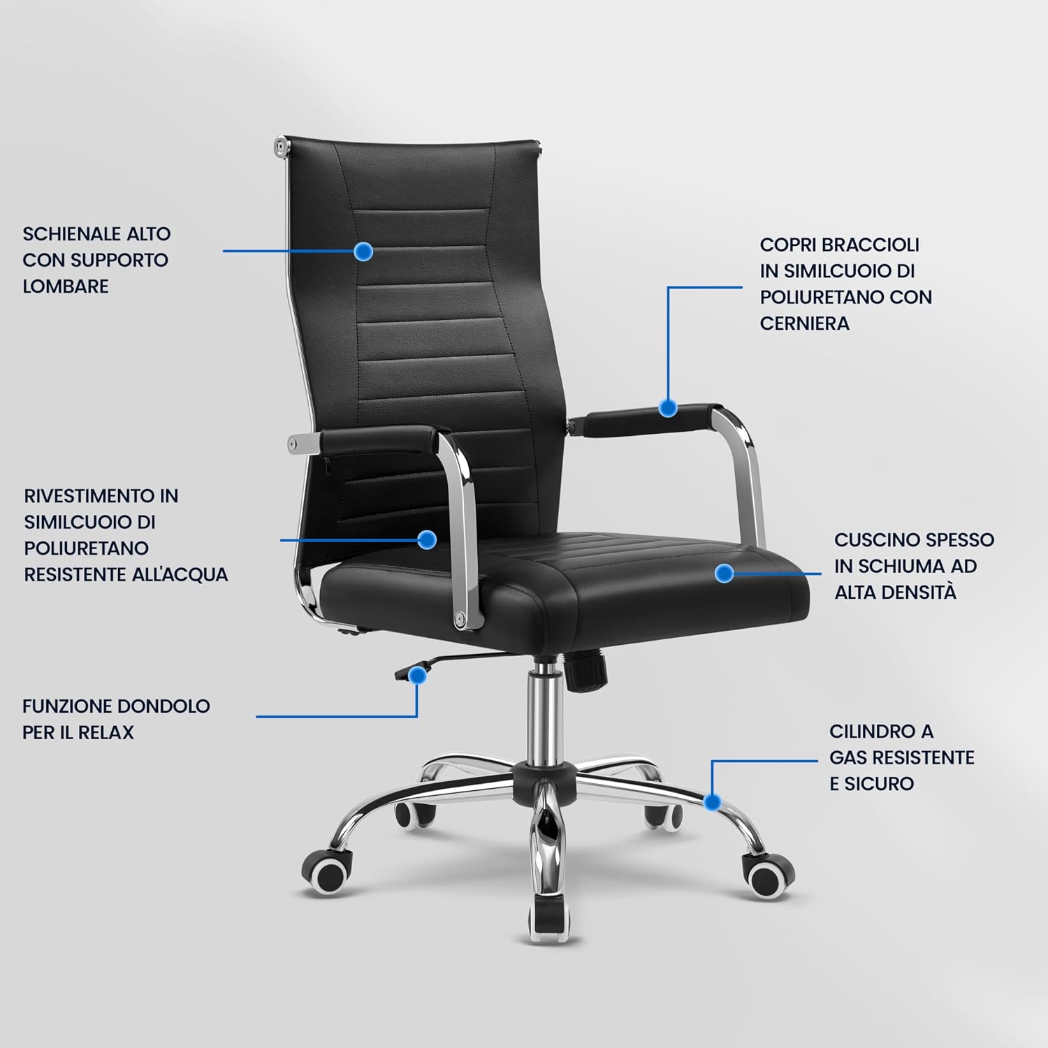 Thumbnail 5 de Yaheetech sedia da ufficio ergonomica con schienale alto reclinabile e seduta regolabile, portata 136 kg, nera
