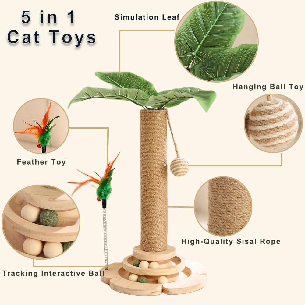 Thumbnail 1 de Marchul 5 in 1 Cat Toys: Multifunctional Scratching Post with Sisal Rope, Wooden Track Ball & Simulated Plants