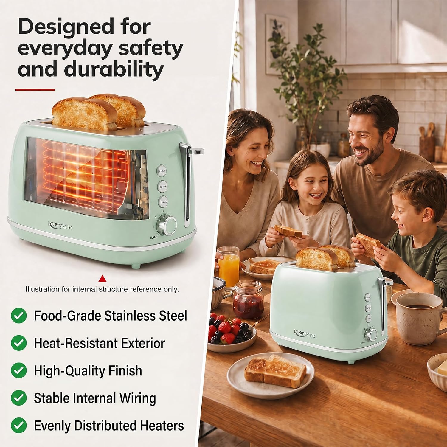 Detalle de Keenstone 2-Slice Toaster, Green, with Wide Slots and 6 Shade Settings