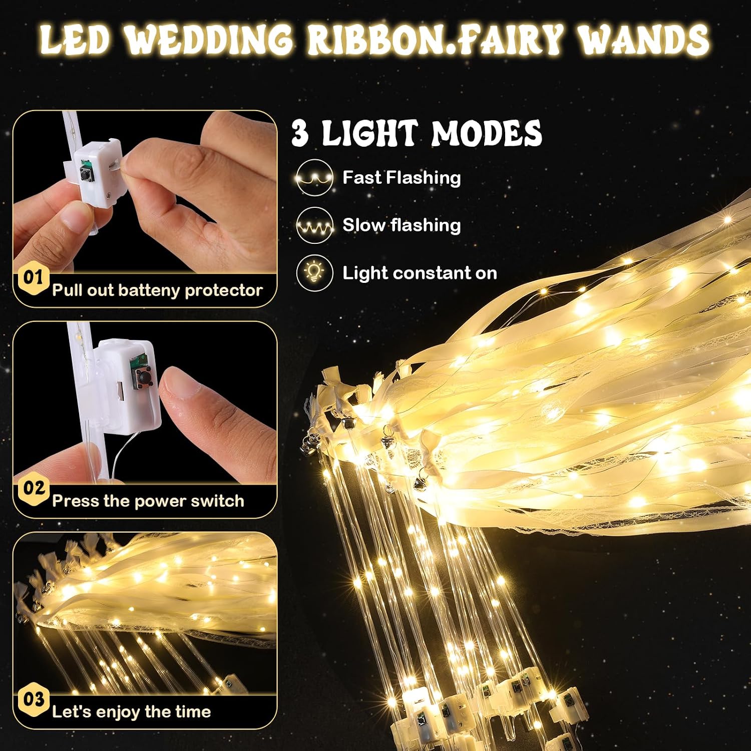 Detalle de 50 Pcs LED Wedding Wands with 3 Flash Modes — Warm White Glow, Ribbons, Bells