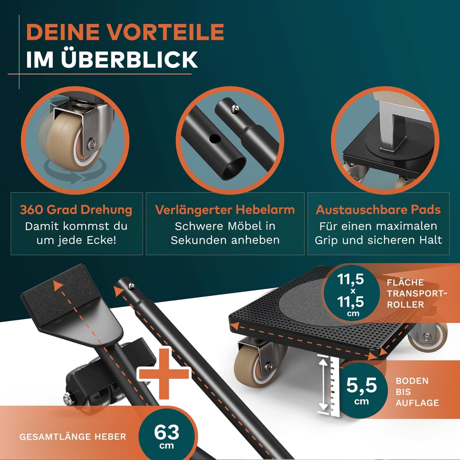 Detalle 2 de FairMO Möbelheber für schwere Möbel – 4 Möbelroller und 1 Lastenheber (Anti-Rutsch-Pads) | Schonende Transportrollen aus TPE