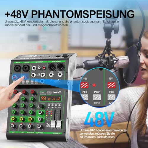 Thumbnail 6 de Aveek Audio Mixer – Professionelles 4-Kanal Mischpult mit USB/Bluetooth und 48V Phantomspeisung