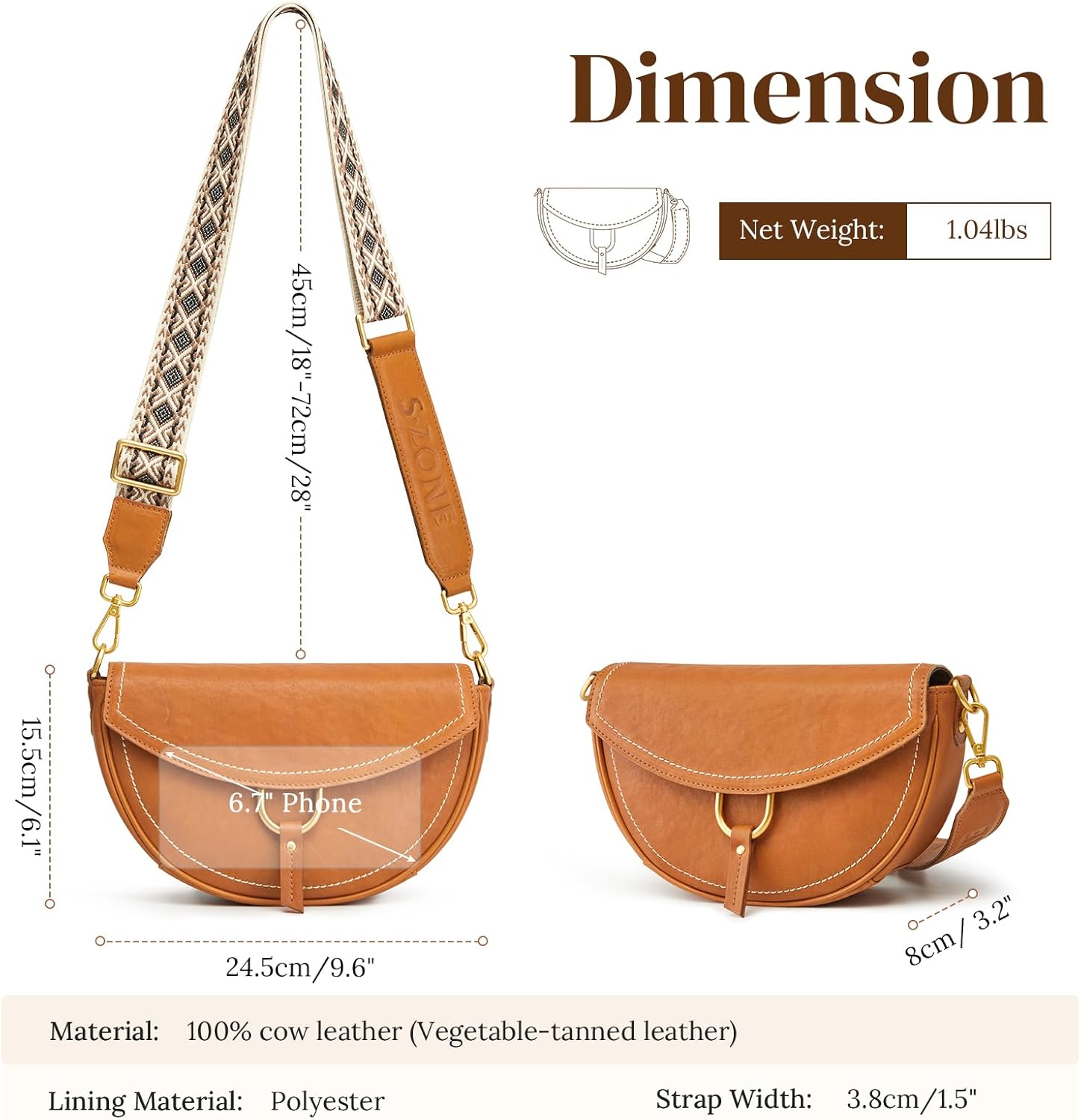 Thumbnail 2 de S-ZONE Top Grain Vegetable Tanned Leather Crossbody Bag for Women