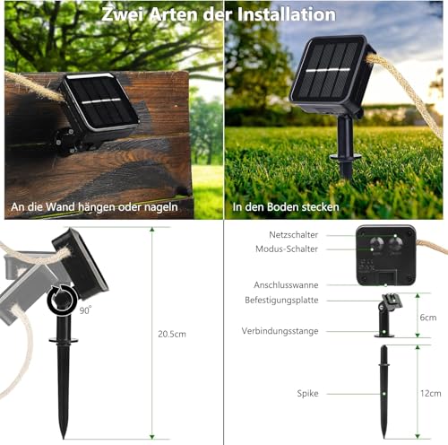 Thumbnail 4 de Joomer Luces solares LED Exterior Jardín: Guirnaldas de cuerda de cáñamo 7,5 m, 16 bombillas, 8 modos, impermeables