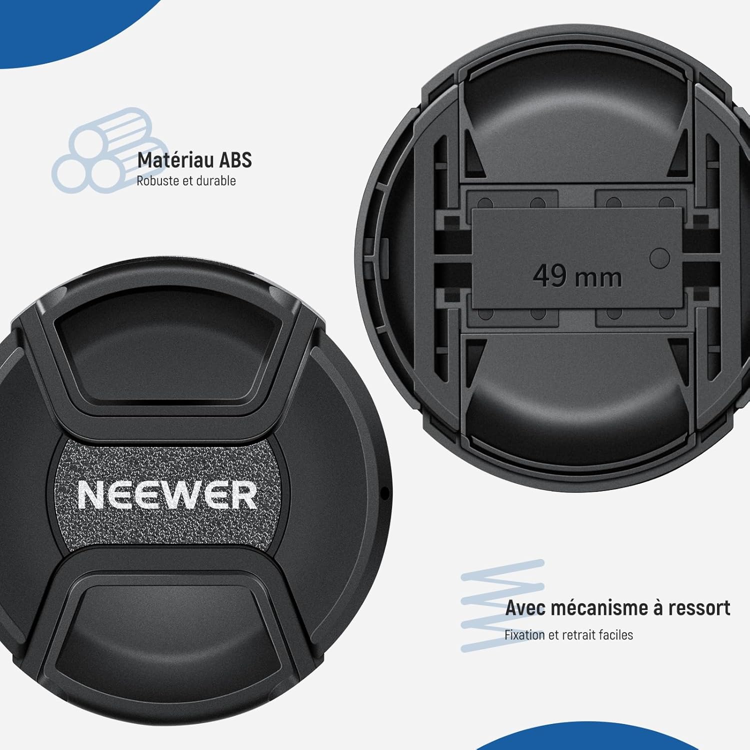 Detalle 2 de NEEWER lot de 2 capuchons d’objectif 49 mm avec sangle anti-perte et chiffon de nettoyage