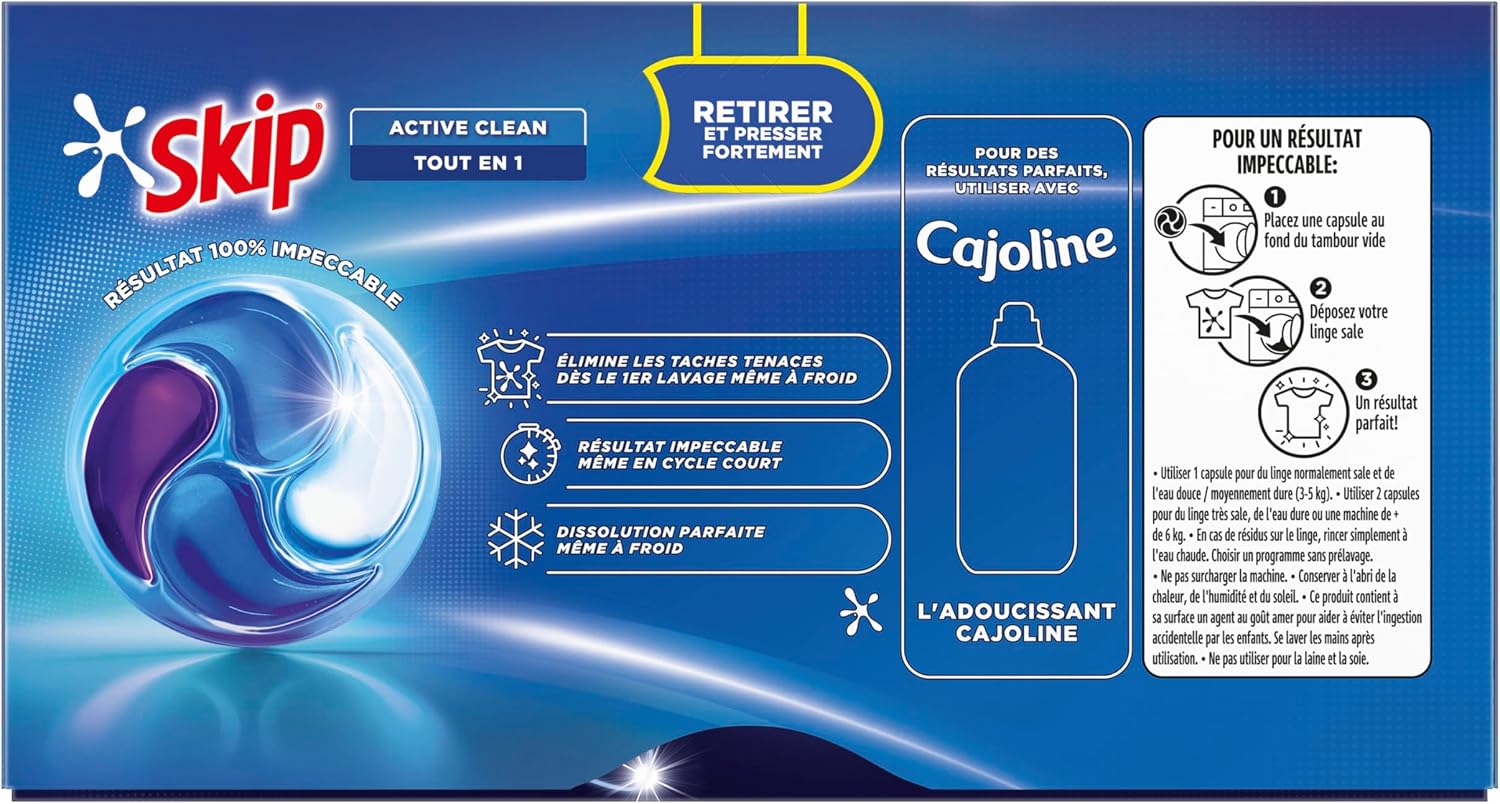 Detalle de Skip Capsule Lessive Tout en 1 Active Clean – Élimine les taches dès le premier lavage (38 lavages)