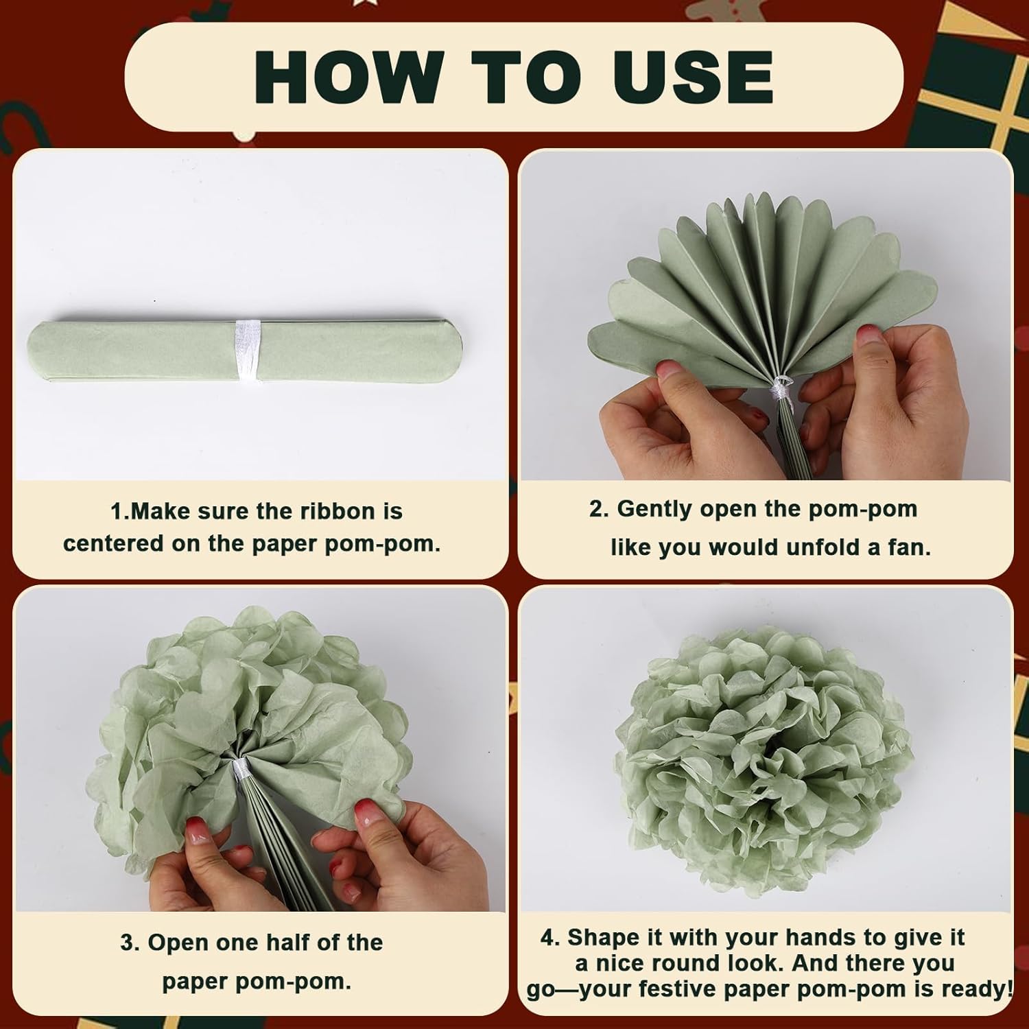 Detalle de BestoFun lot de 16 pompons en papier de soie vert kaki, beige et blanc pour Noël, mariage et fêtes