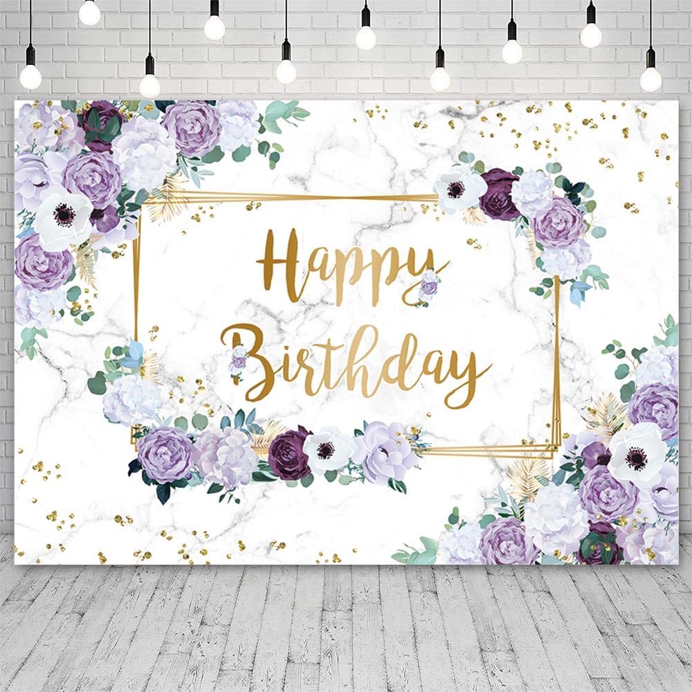 Thumbnail 1 de AIBIIN Happy Birthday purple & white floral backdrop (7x5ft) for cake smash photography