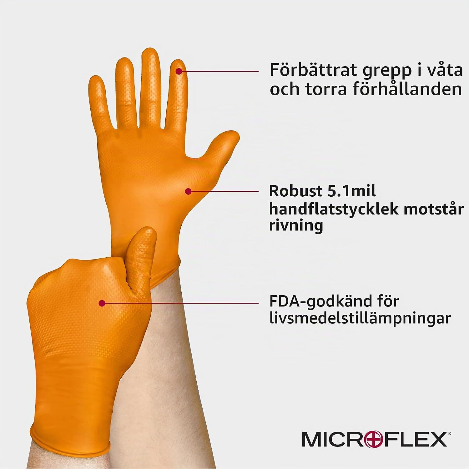 Detalle 2 de Ansell MicroFlex 93-256 nitrilhandskar, puderfria och orange, storlek L