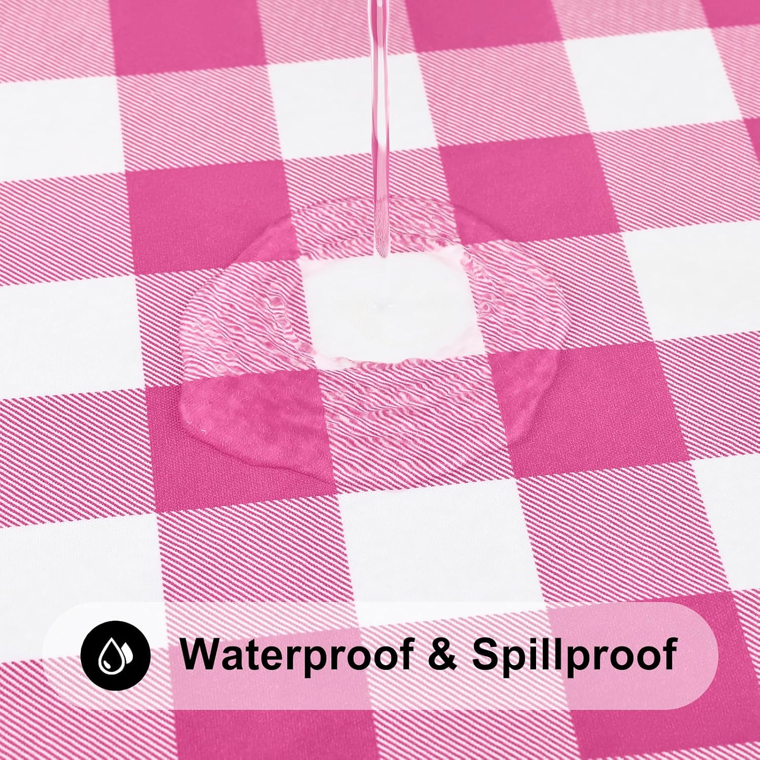 Thumbnail 2 de Smiry Round Picnic Tablecloth — Elastic Waterproof Fitted Vinyl with Flannel Back, Buffalo Plaid (White & Hot Pink), 45-56 inch Tables