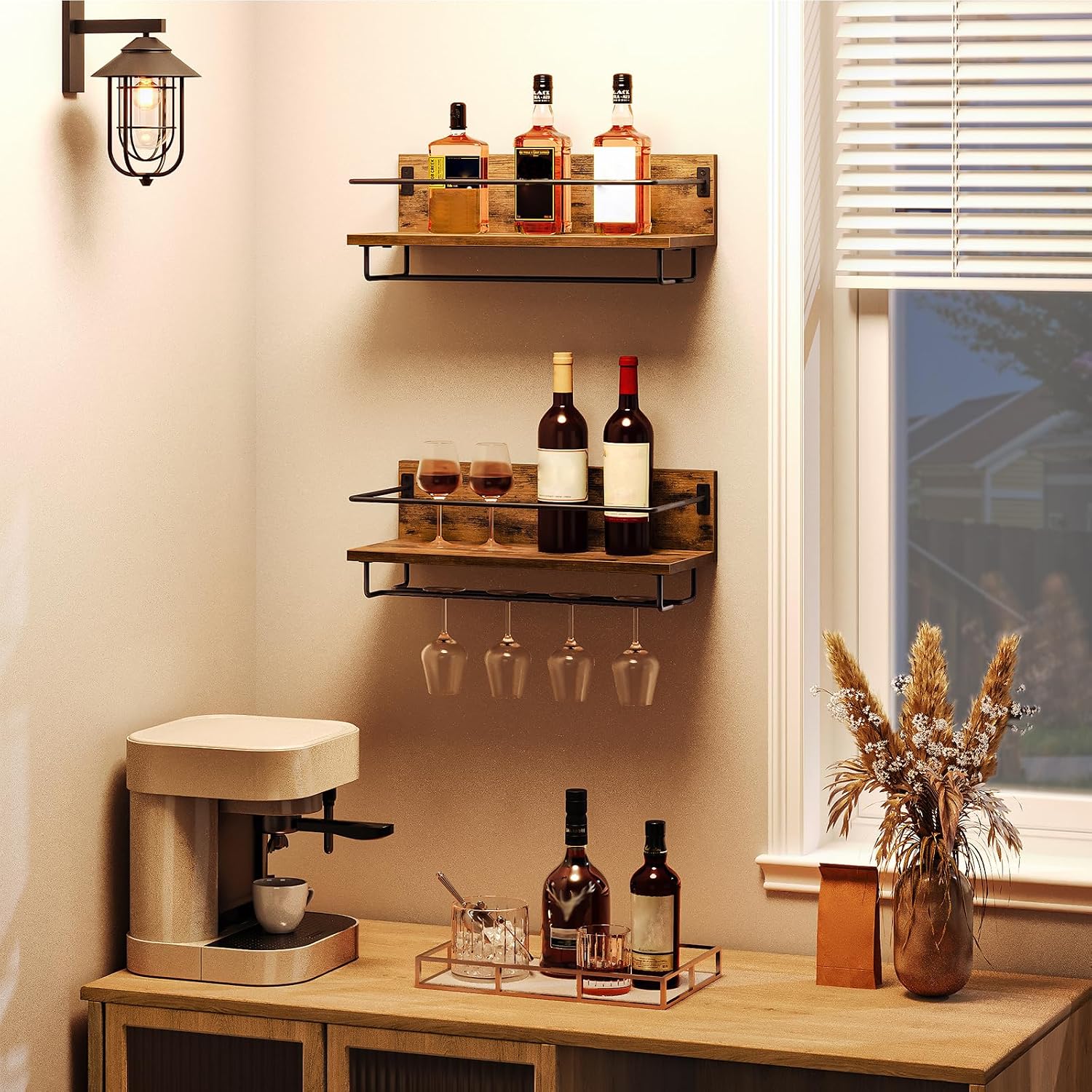 Detalle de HOOBRO Scaffale Porta Vino a Parete (Confezione da 2) – Vino e Calici in stile Vintage, 18 kg