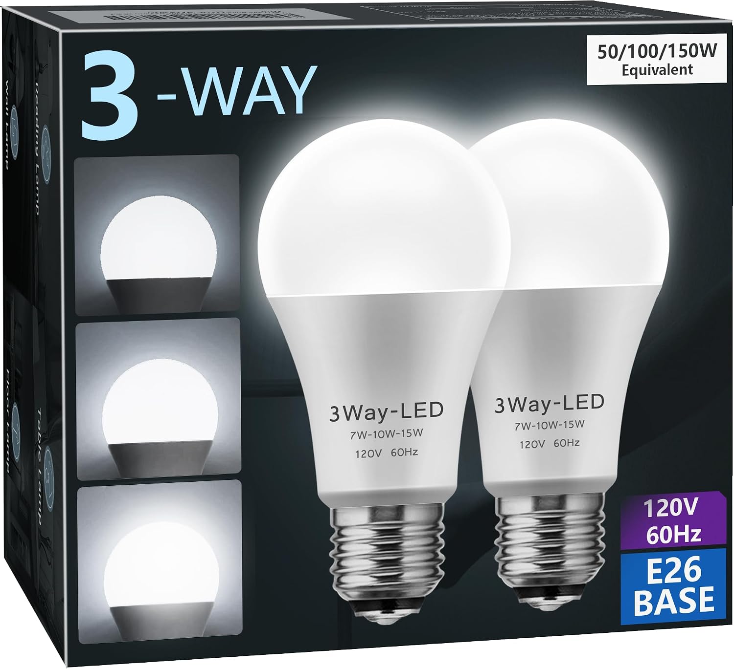 Detalle de Briignite 3-Way A19 LED Bulbs, 5000K Daylight, E26 Base, 2-Pack